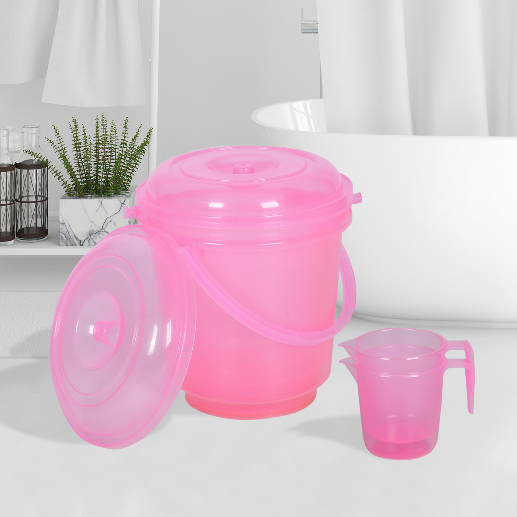 Kuber Industries Bathroom Combo Set | Bathroom Combo Set | Bucket-13 L & Mug-1100 ml Bathing Set for Bathroom | Modern Bathroom Accessories Set | Transparent Pink