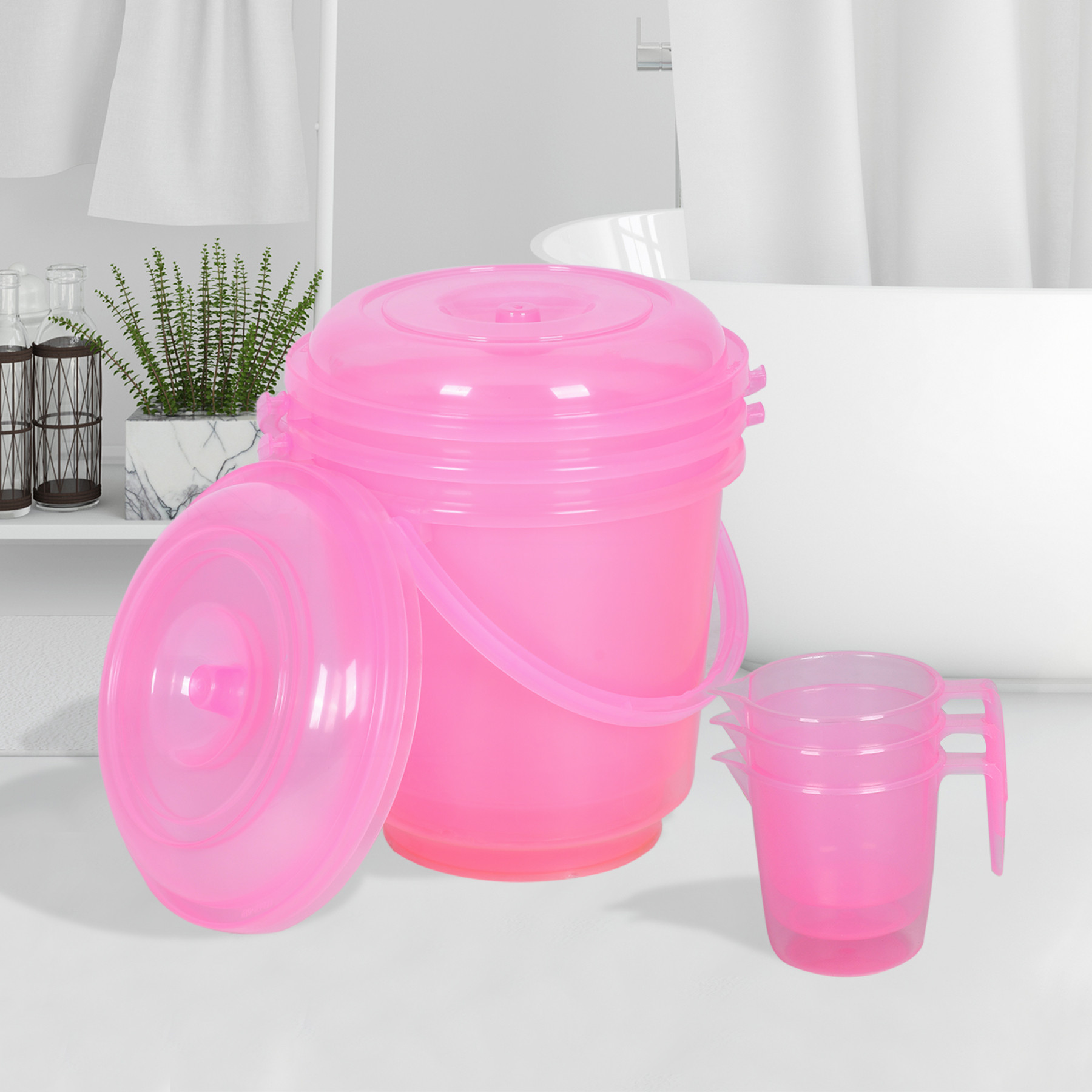 Kuber Industries Bathroom Combo Set | Bathroom Combo Set | Bucket-13 L & Mug-1100 ml Bathing Set for Bathroom | Modern Bathroom Accessories Set | Transparent Pink