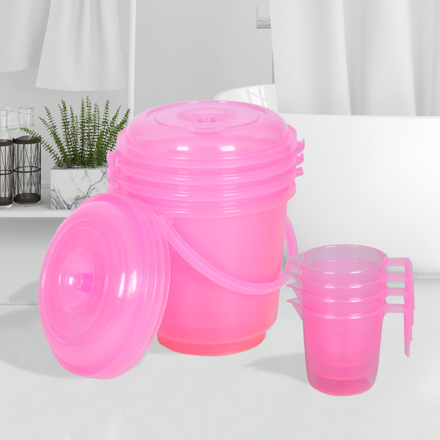 Kuber Industries Bathroom Combo Set | Bathroom Combo Set | Bucket-13 L & Mug-1100 ml Bathing Set for Bathroom | Modern Bathroom Accessories Set | Transparent Pink