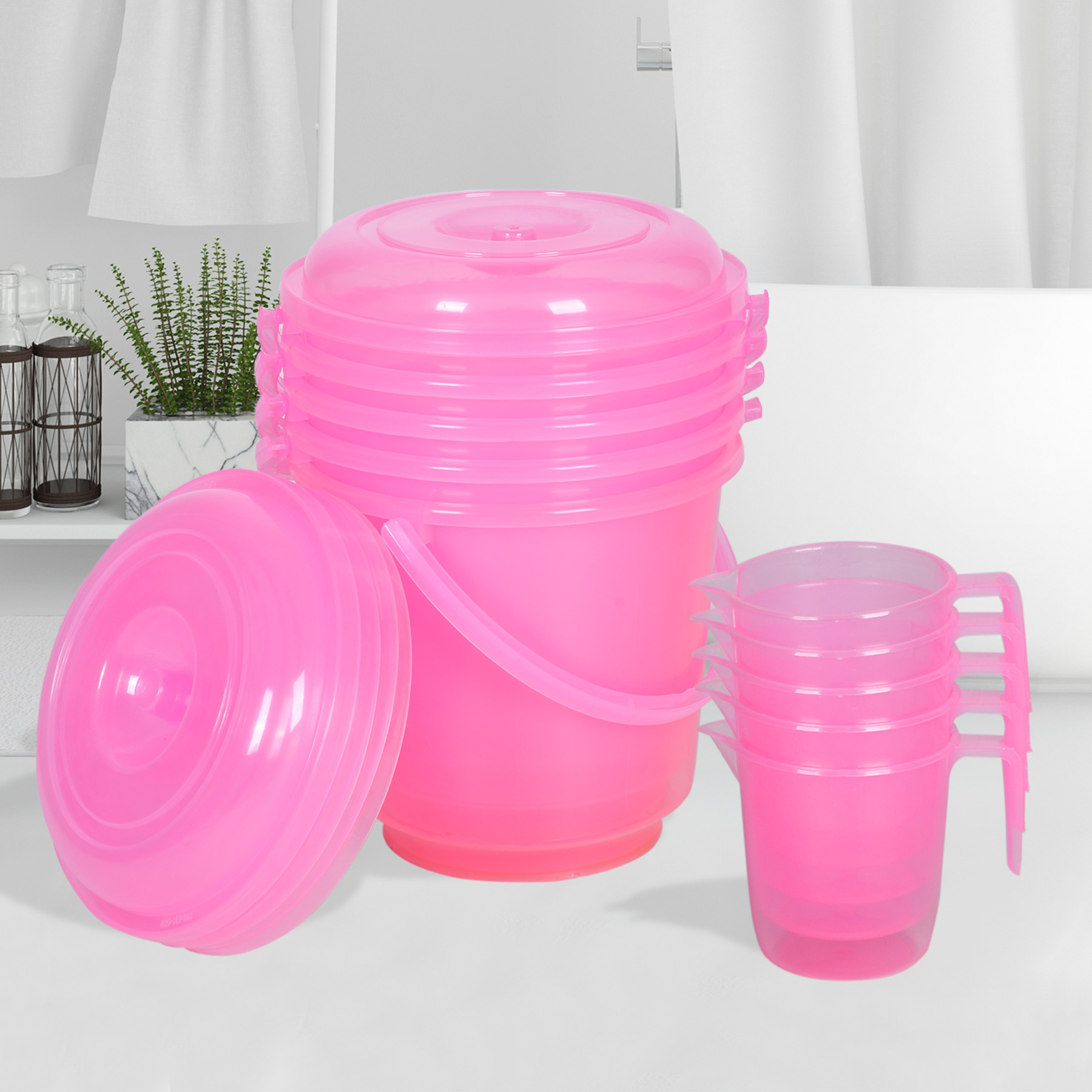 Kuber Industries Bathroom Combo Set | Bathroom Combo Set | Bucket-13 L & Mug-1100 ml Bathing Set for Bathroom | Modern Bathroom Accessories Set | Transparent Pink