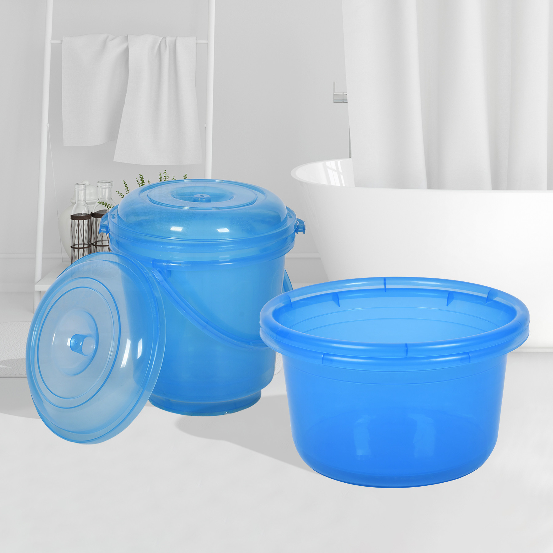 Kuber Industries Bathroom Combo Set | Bathroom Set | Tub-25 L & Bucket-13 L Bathing Set for Bathroom | Modern Bathroom Accessories Set | Transparent Blue
