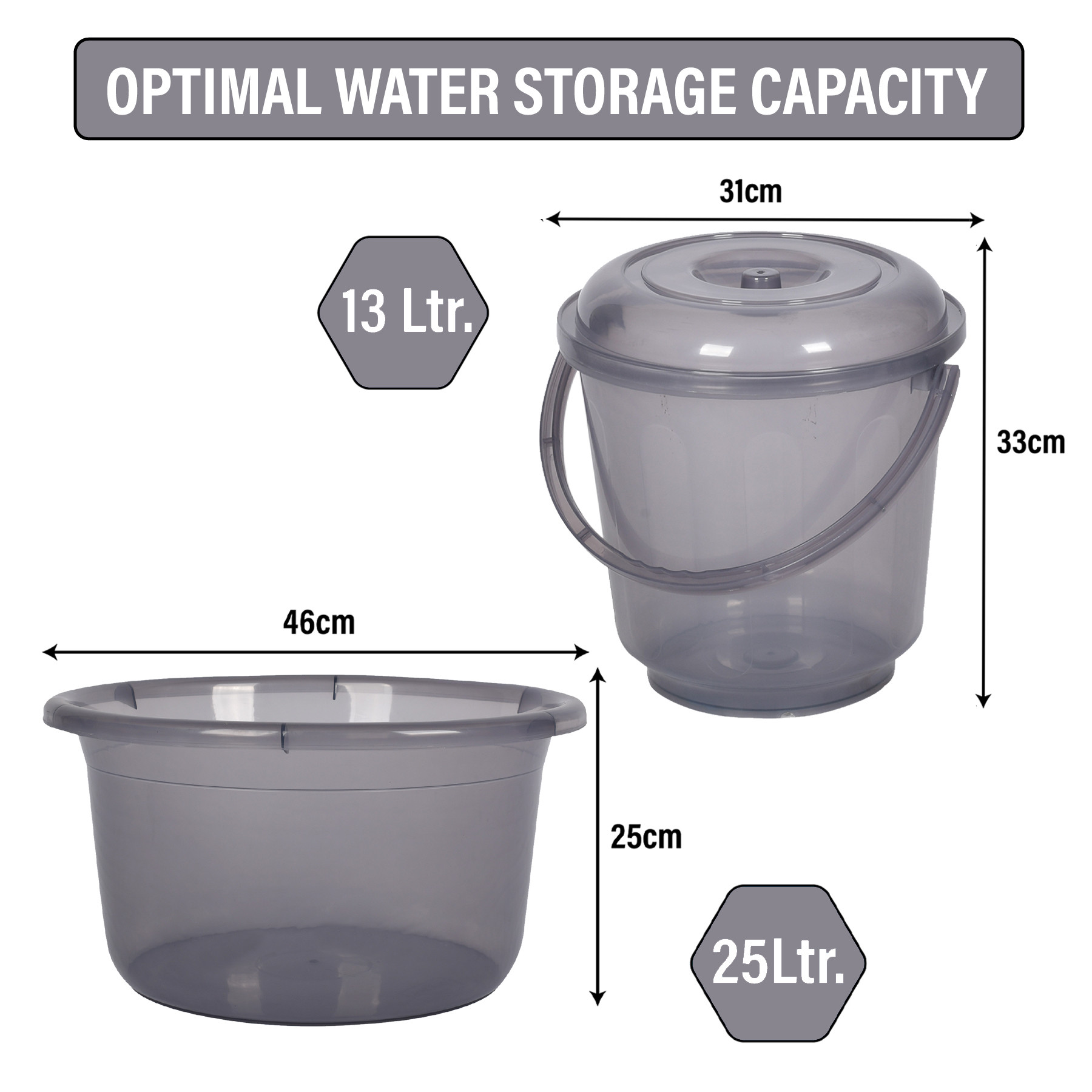 Kuber Industries Bathroom Combo Set | Bathroom Set | Tub-25 L & Bucket-13 L Bathing Set for Bathroom | Modern Bathroom Accessories Set | Transparent Gray