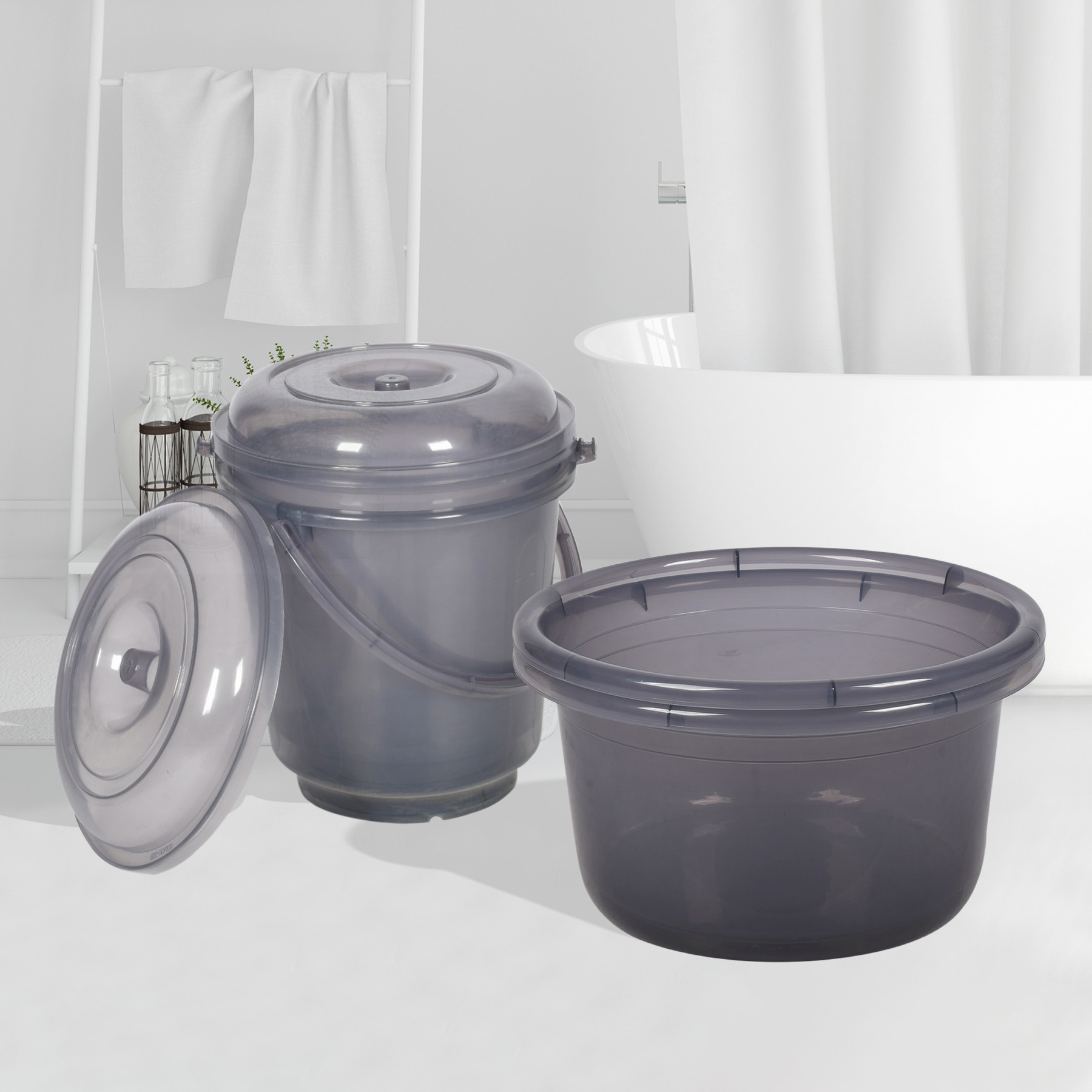 Kuber Industries Bathroom Combo Set | Bathroom Set | Tub-25 L & Bucket-13 L Bathing Set for Bathroom | Modern Bathroom Accessories Set | Transparent Gray