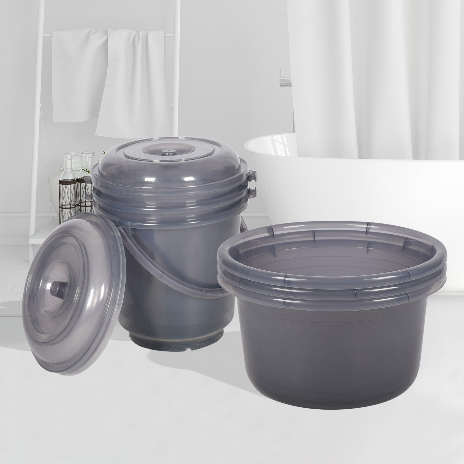 Kuber Industries Bathroom Combo Set | Bathroom Set | Tub-25 L & Bucket-13 L Bathing Set for Bathroom | Modern Bathroom Accessories Set | Transparent Gray