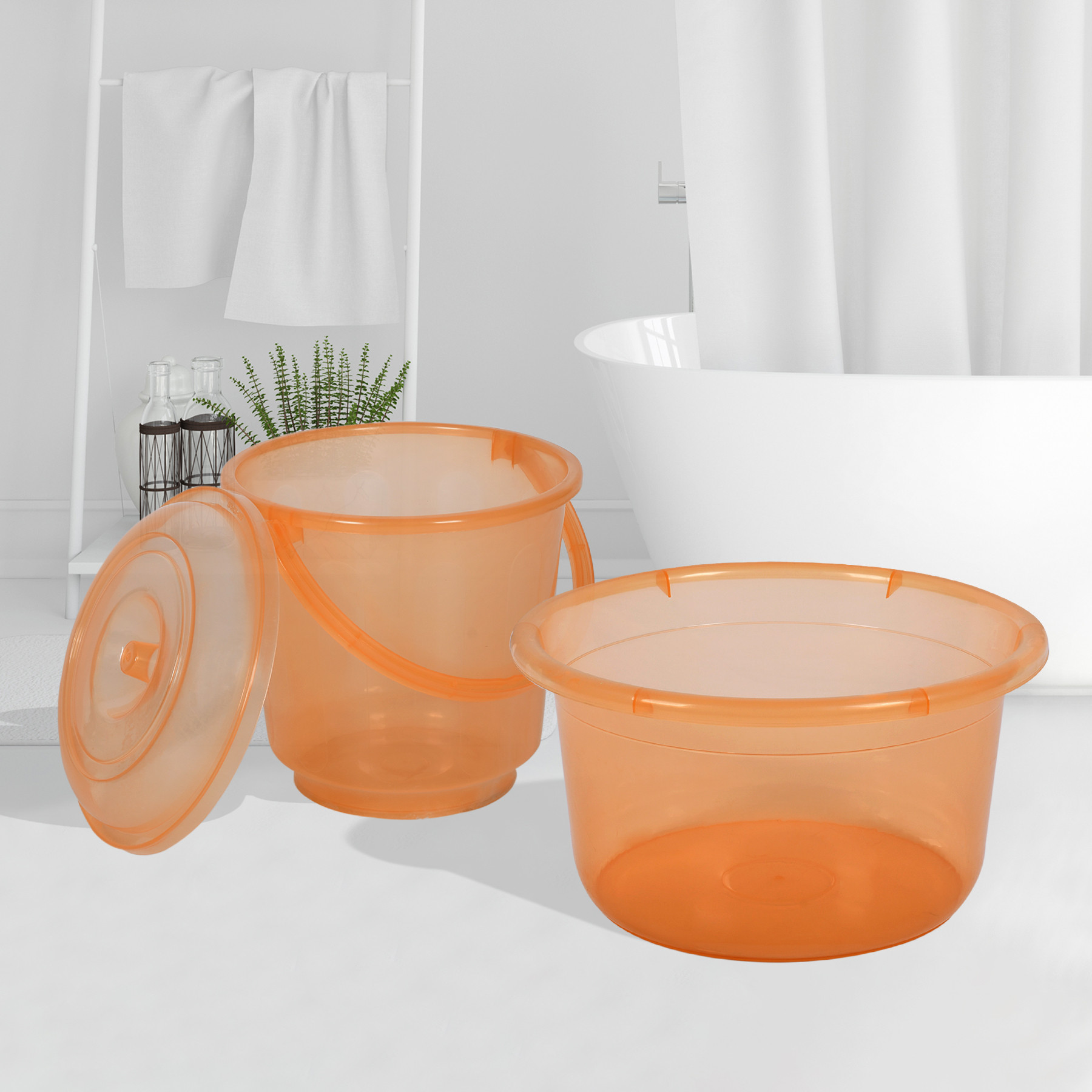 Kuber Industries Bathroom Combo Set | Bathroom Set | Tub-25 L & Bucket-13 L Bathing Set for Bathroom | Modern Bathroom Accessories Set | Transparent Orange