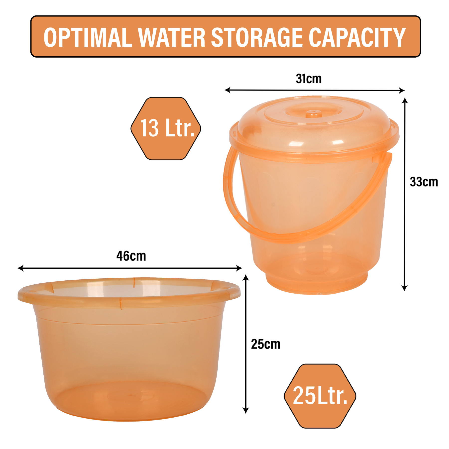 Kuber Industries Bathroom Combo Set | Bathroom Set | Tub-25 L & Bucket-13 L Bathing Set for Bathroom | Modern Bathroom Accessories Set | Transparent Orange