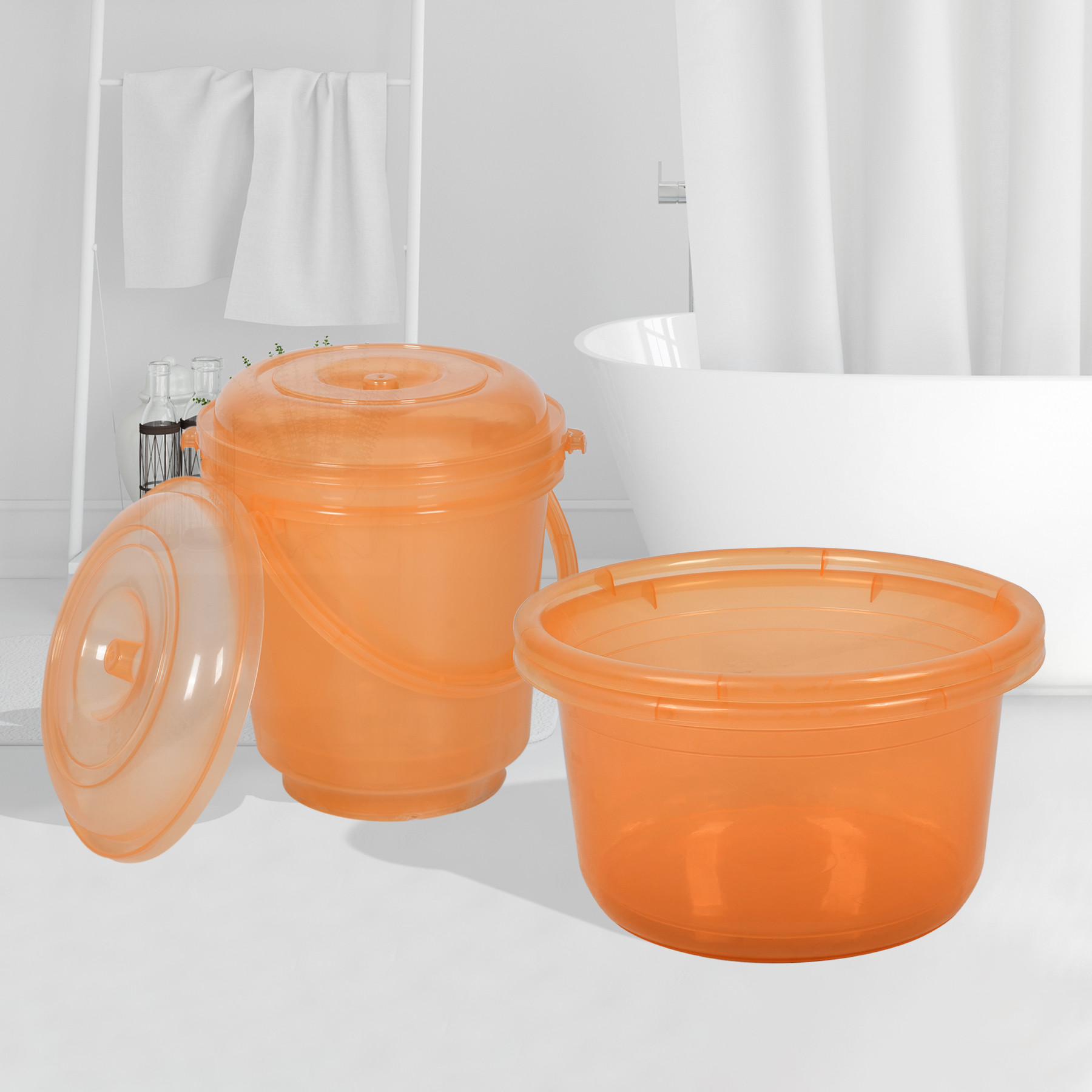 Kuber Industries Bathroom Combo Set | Bathroom Set | Tub-25 L & Bucket-13 L Bathing Set for Bathroom | Modern Bathroom Accessories Set | Transparent Orange