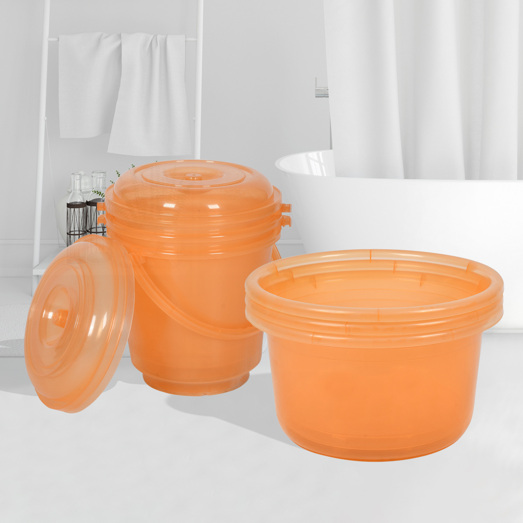 Kuber Industries Bathroom Combo Set | Bathroom Set | Tub-25 L & Bucket-13 L Bathing Set for Bathroom | Modern Bathroom Accessories Set | Transparent Orange