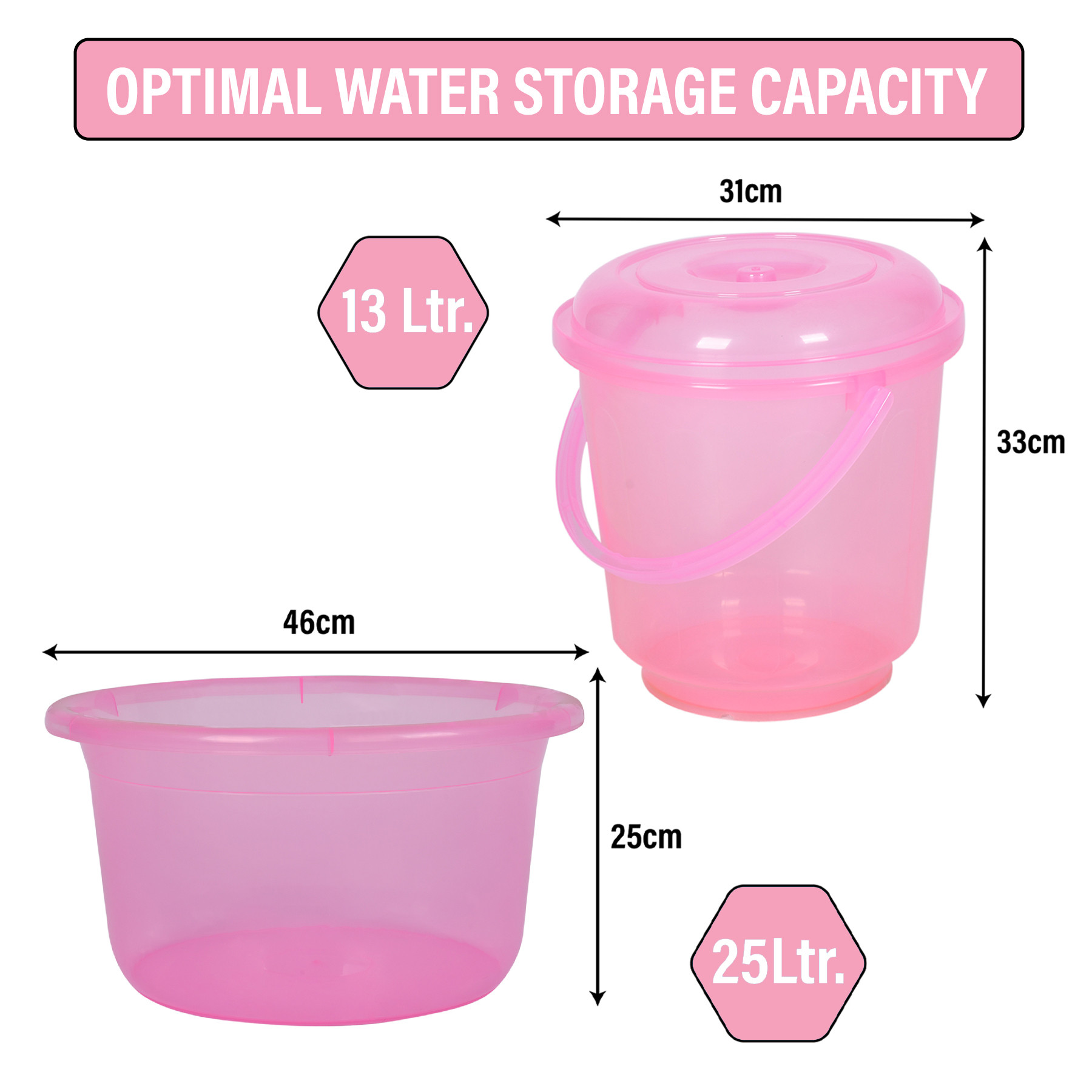 Kuber Industries Bathroom Combo Set | Bathroom Set | Tub-25 L & Bucket-13 L Bathing Set for Bathroom | Modern Bathroom Accessories Set | Transparent Pink