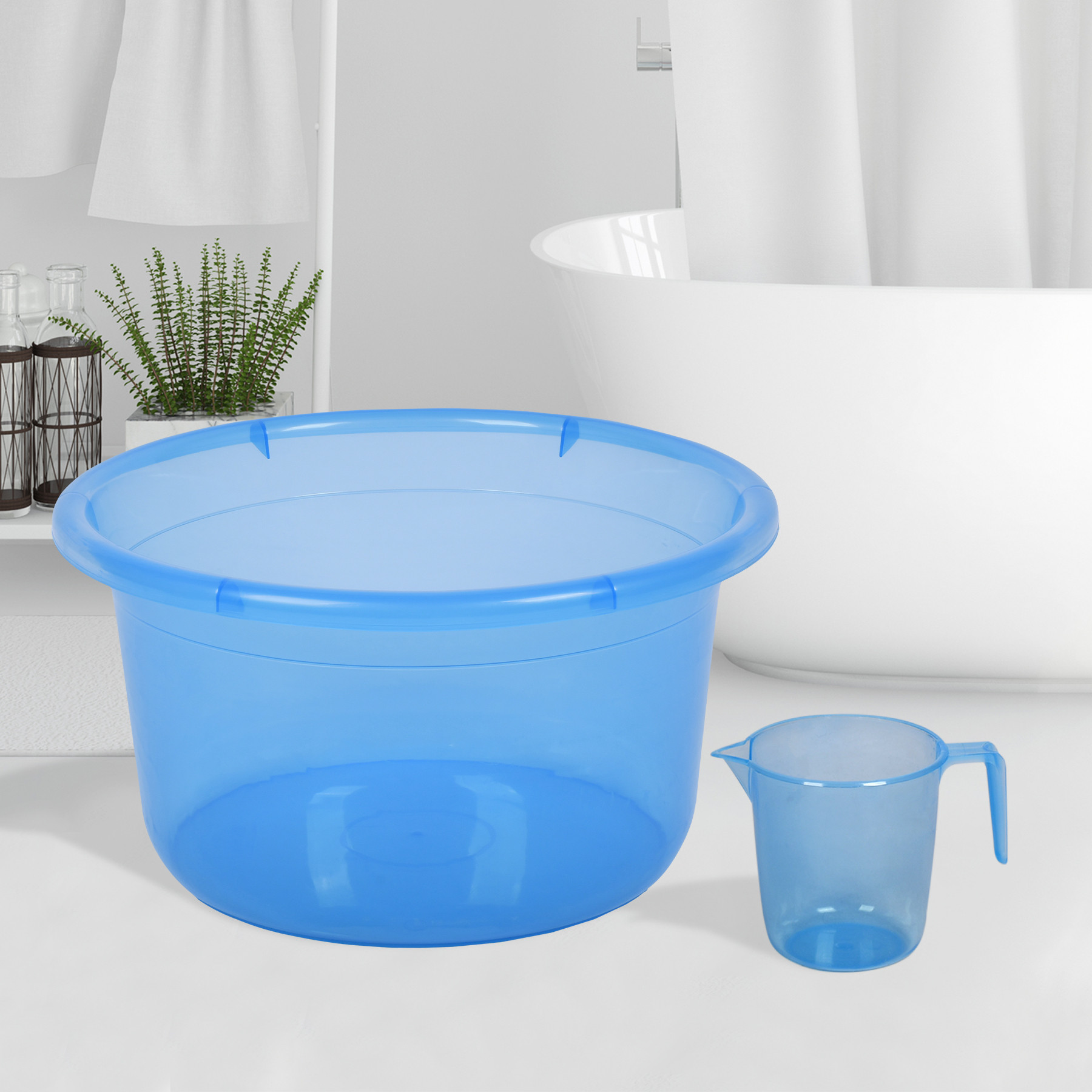 Kuber Industries Bathroom Combo Set | Bathroom Set | Tub-25 L & Mug-1100 ml Bathing Set for Bathroom | Modern Bathroom Accessories Set | Transparent Blue