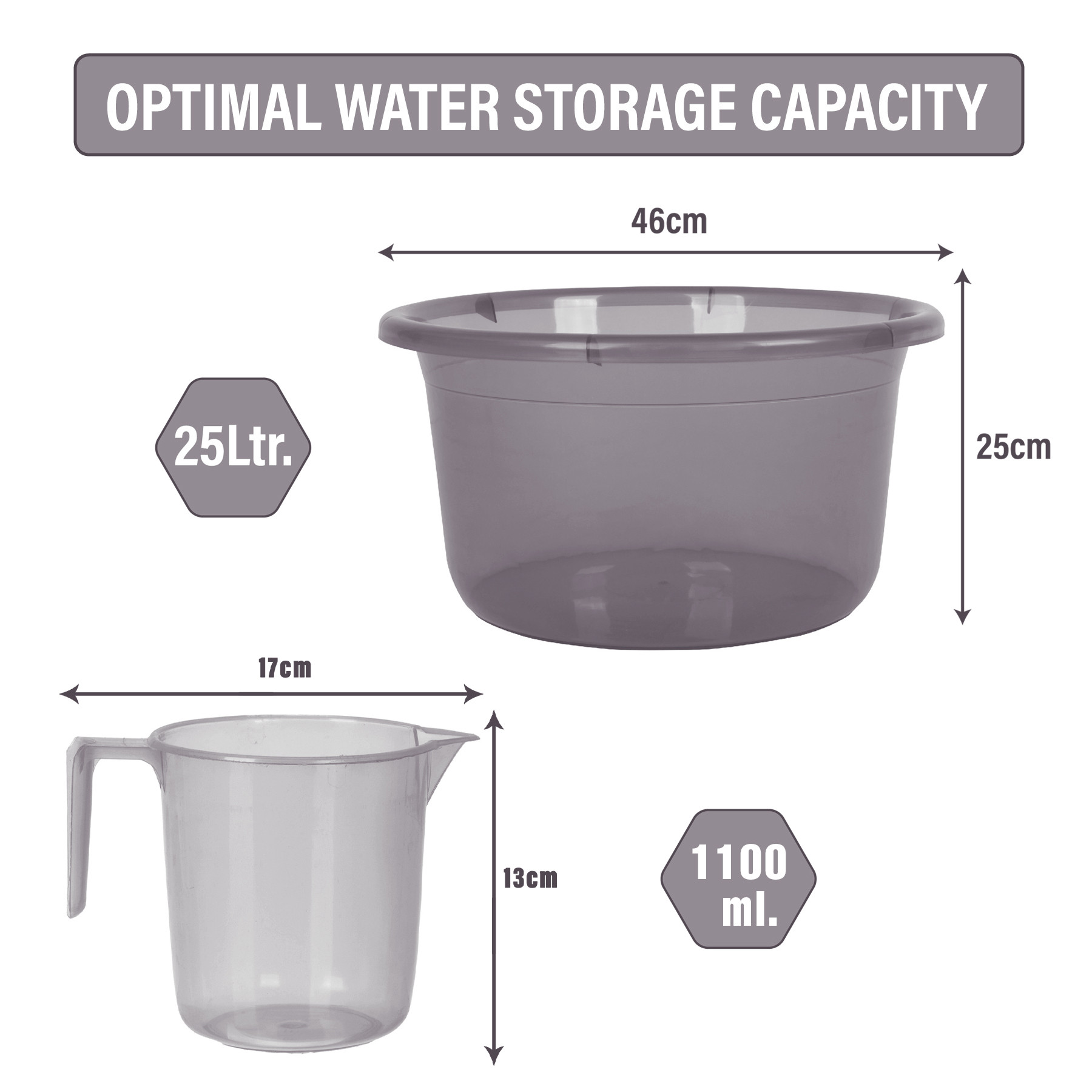 Kuber Industries Bathroom Combo Set | Bathroom Set | Tub-25 L & Mug-1100 ml Bathing Set for Bathroom | Modern Bathroom Accessories Set | Transparent Gray
