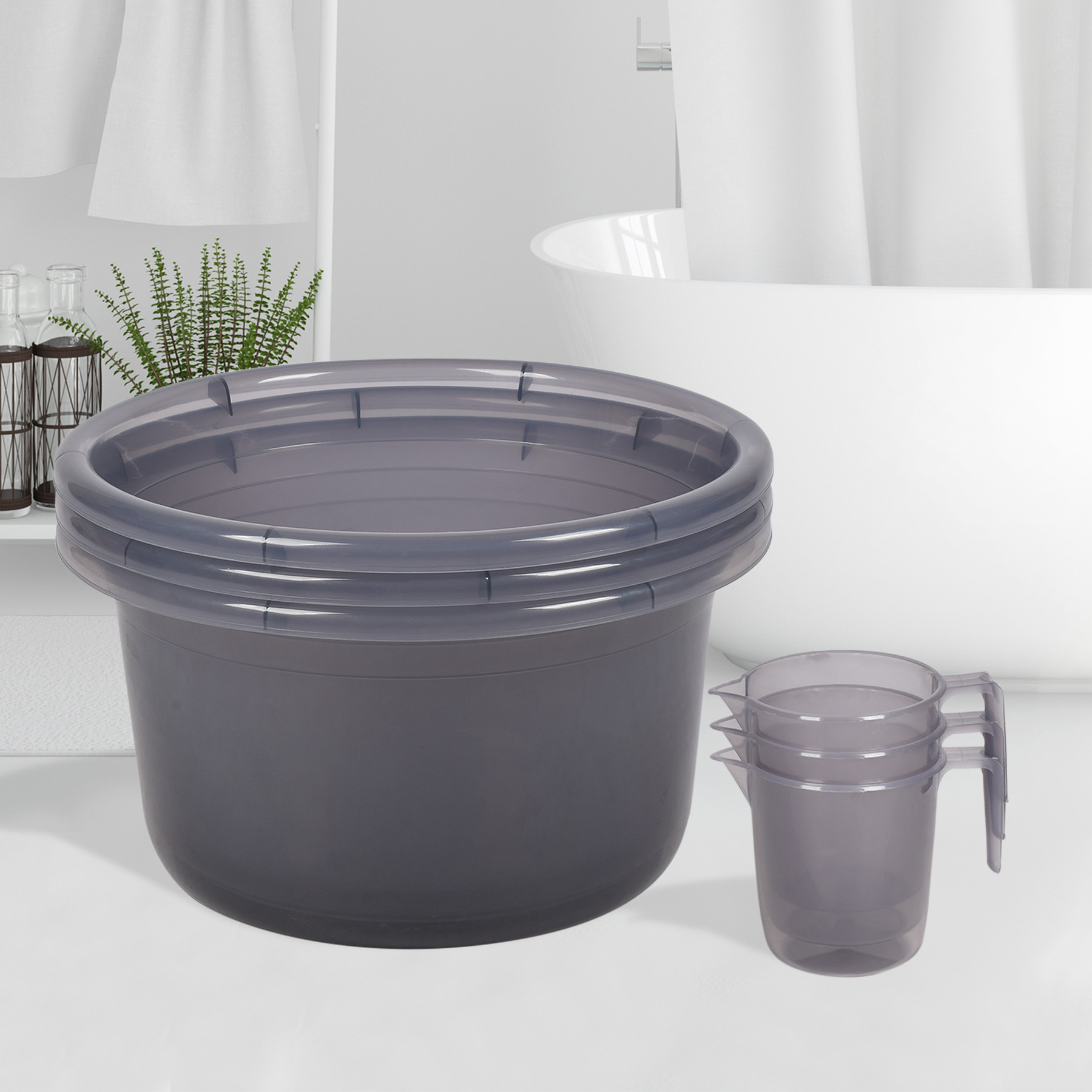 Kuber Industries Bathroom Combo Set | Bathroom Set | Tub-25 L & Mug-1100 ml Bathing Set for Bathroom | Modern Bathroom Accessories Set | Transparent Gray