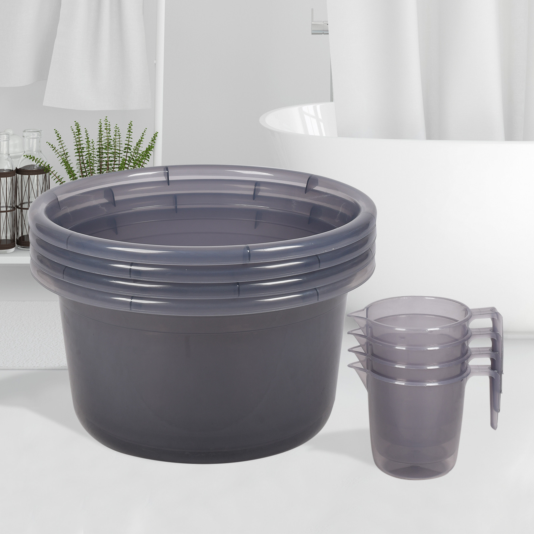 Kuber Industries Bathroom Combo Set | Bathroom Set | Tub-25 L & Mug-1100 ml Bathing Set for Bathroom | Modern Bathroom Accessories Set | Transparent Gray