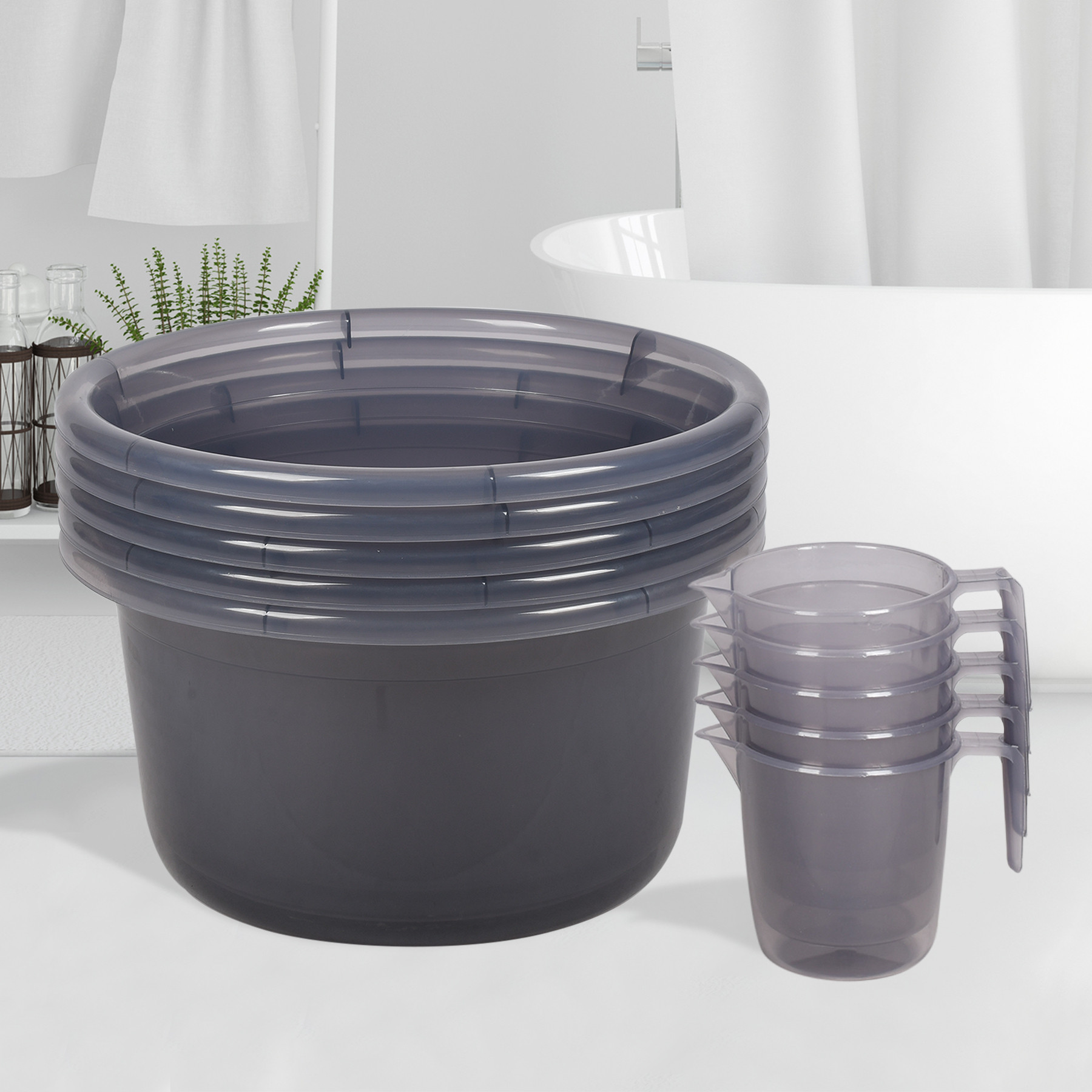 Kuber Industries Bathroom Combo Set | Bathroom Set | Tub-25 L & Mug-1100 ml Bathing Set for Bathroom | Modern Bathroom Accessories Set | Transparent Gray