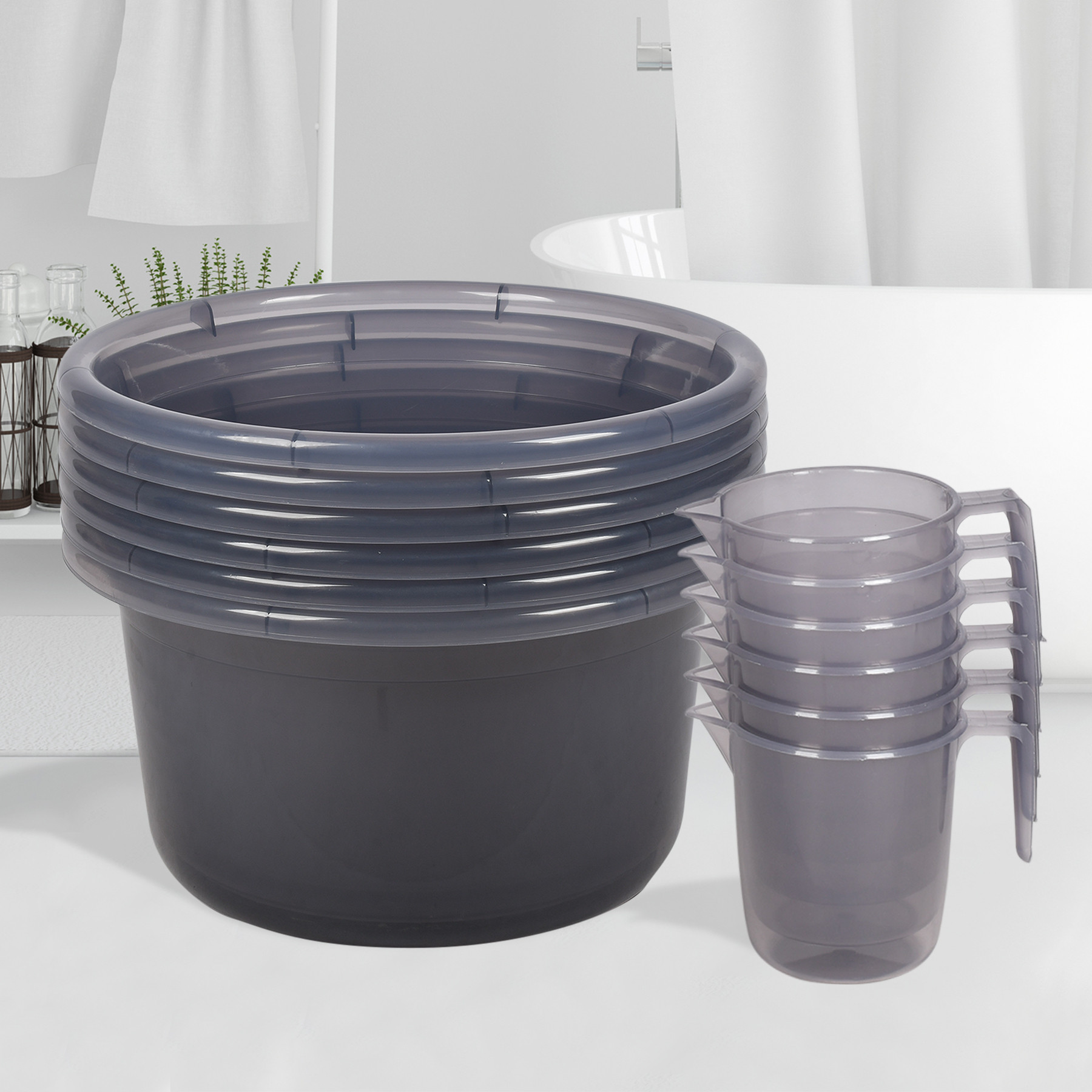 Kuber Industries Bathroom Combo Set | Bathroom Set | Tub-25 L & Mug-1100 ml Bathing Set for Bathroom | Modern Bathroom Accessories Set | Transparent Gray