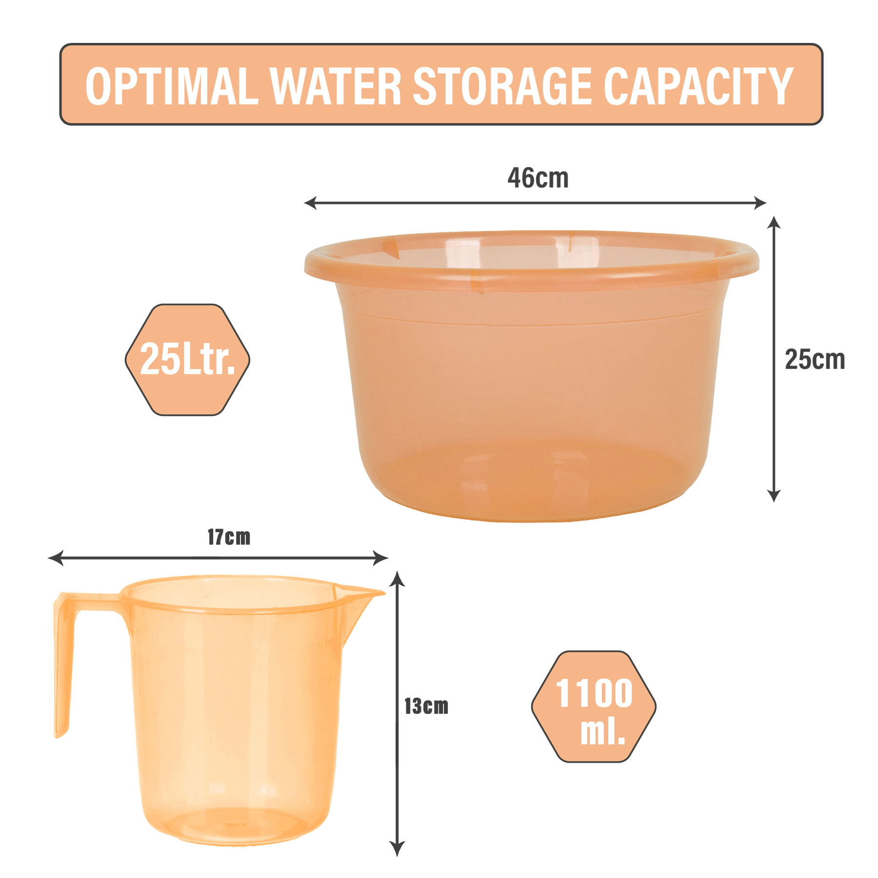 Kuber Industries Bathroom Combo Set | Bathroom Set | Tub-25 L & Mug-1100 ml Bathing Set for Bathroom | Modern Bathroom Accessories Set | Transparent Orange