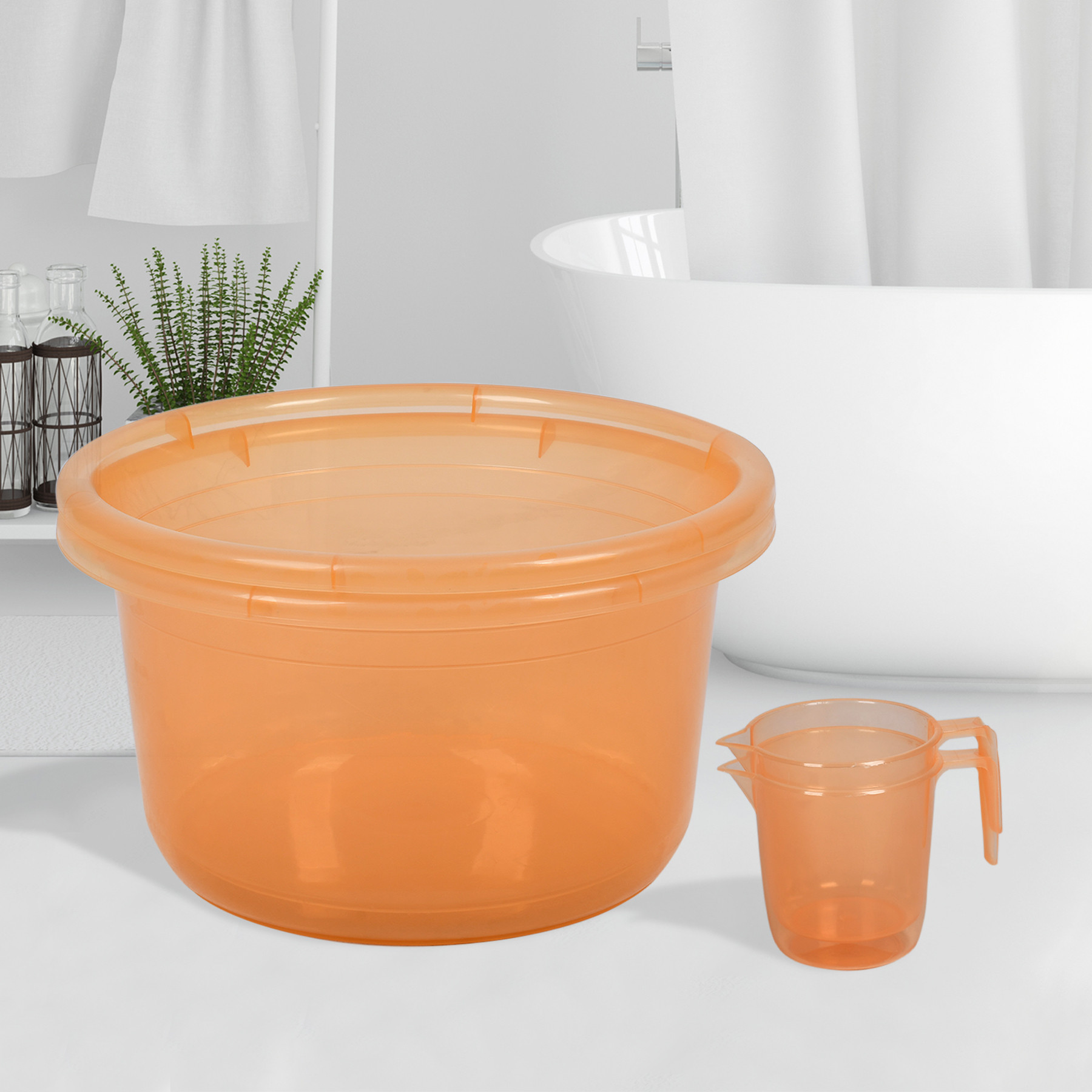 Kuber Industries Bathroom Combo Set | Bathroom Set | Tub-25 L & Mug-1100 ml Bathing Set for Bathroom | Modern Bathroom Accessories Set | Transparent Orange