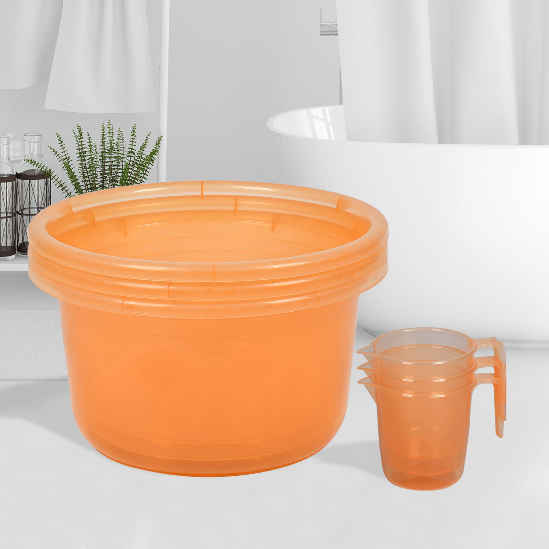 Kuber Industries Bathroom Combo Set | Bathroom Set | Tub-25 L & Mug-1100 ml Bathing Set for Bathroom | Modern Bathroom Accessories Set | Transparent Orange