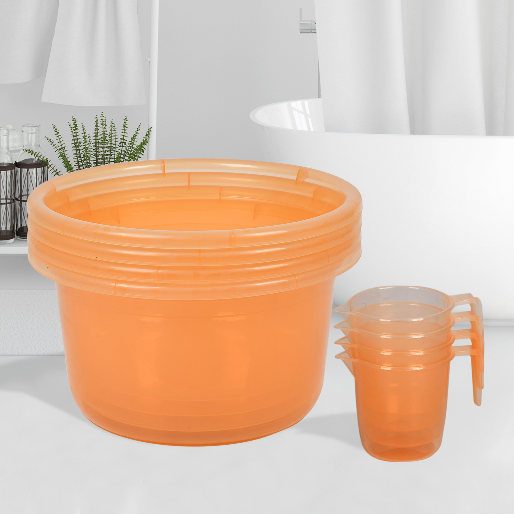 Kuber Industries Bathroom Combo Set | Bathroom Set | Tub-25 L & Mug-1100 ml Bathing Set for Bathroom | Modern Bathroom Accessories Set | Transparent Orange