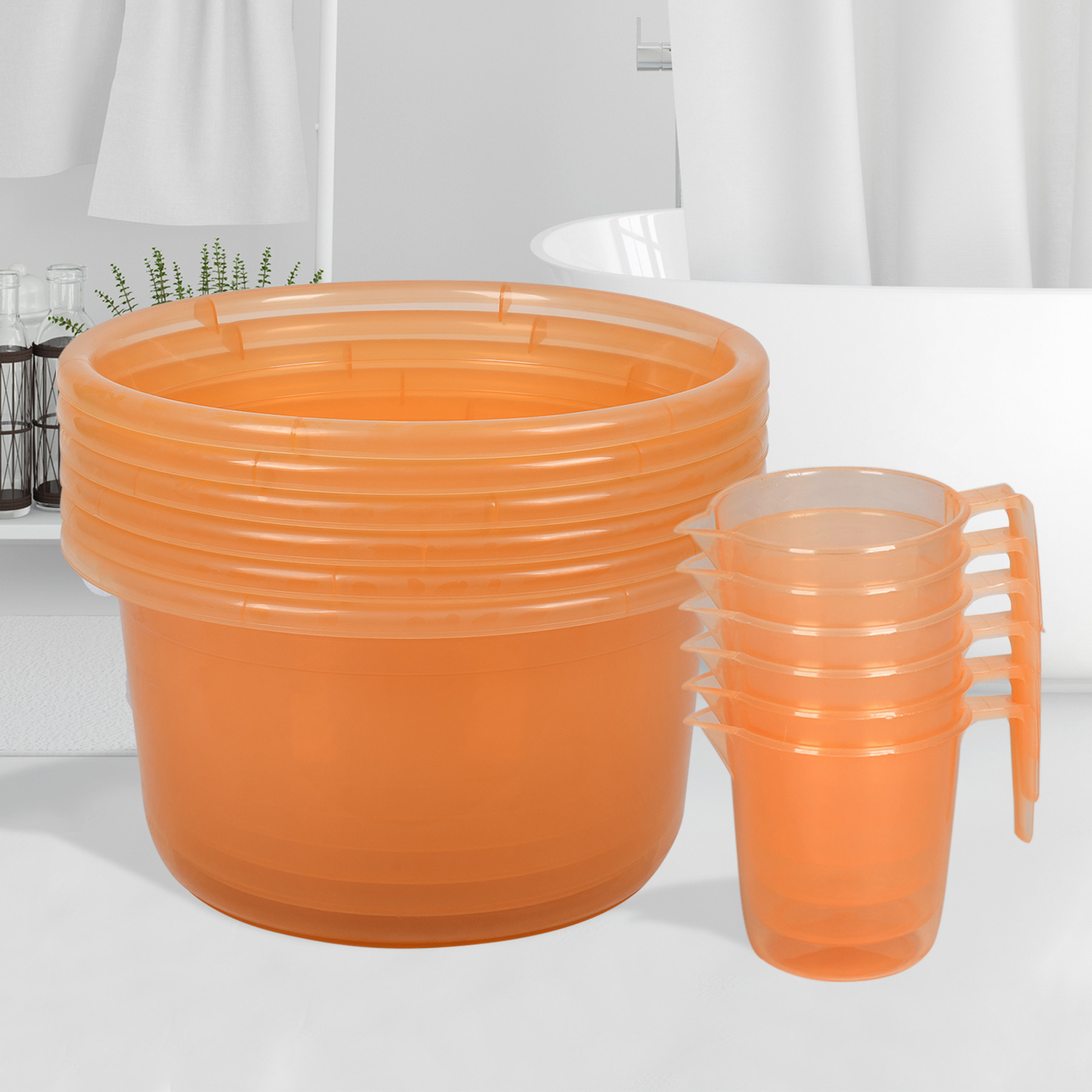 Kuber Industries Bathroom Combo Set | Bathroom Set | Tub-25 L & Mug-1100 ml Bathing Set for Bathroom | Modern Bathroom Accessories Set | Transparent Orange