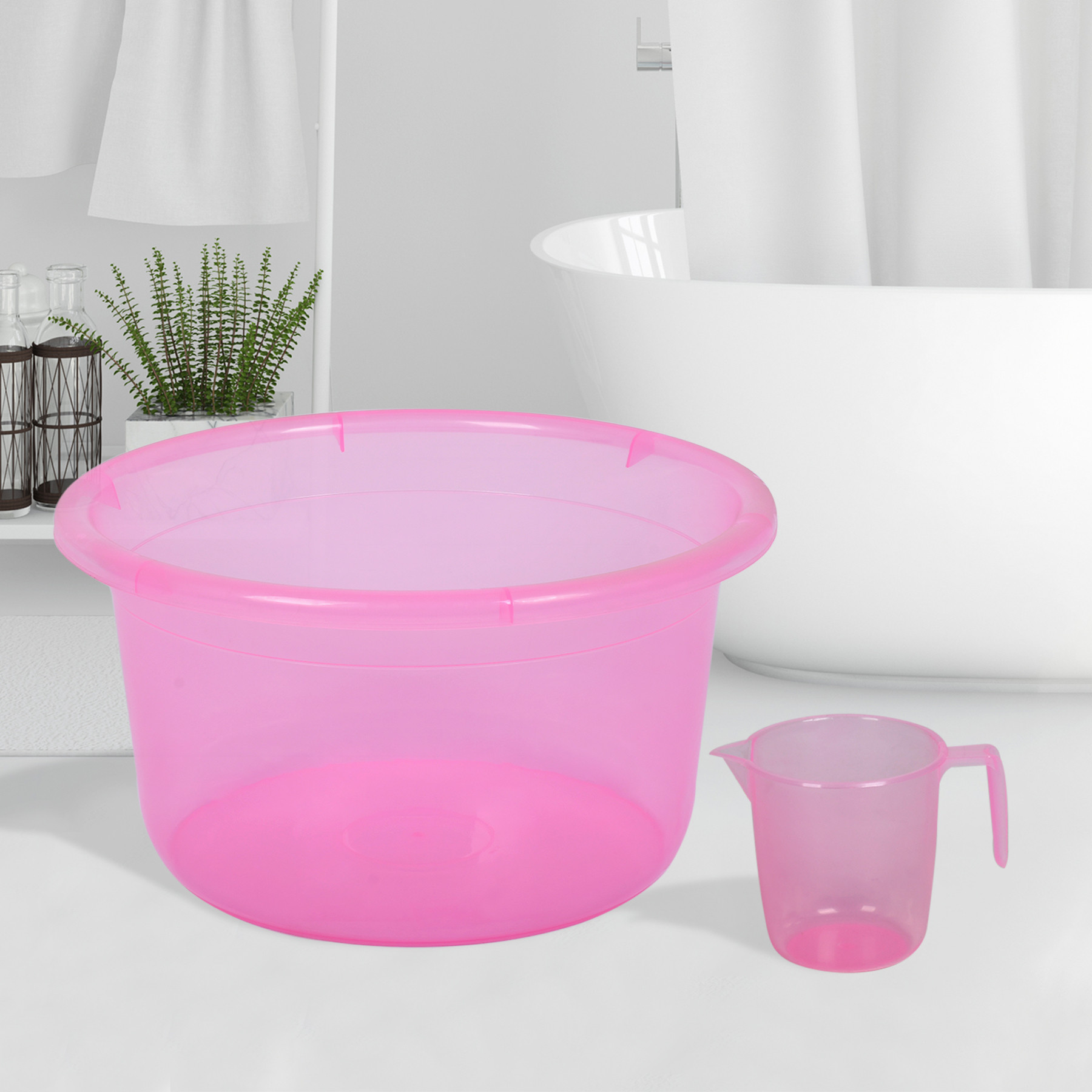 Kuber Industries Bathroom Combo Set | Bathroom Set | Tub-25 L & Mug-1100 ml Bathing Set for Bathroom | Modern Bathroom Accessories Set | Transparent Pink