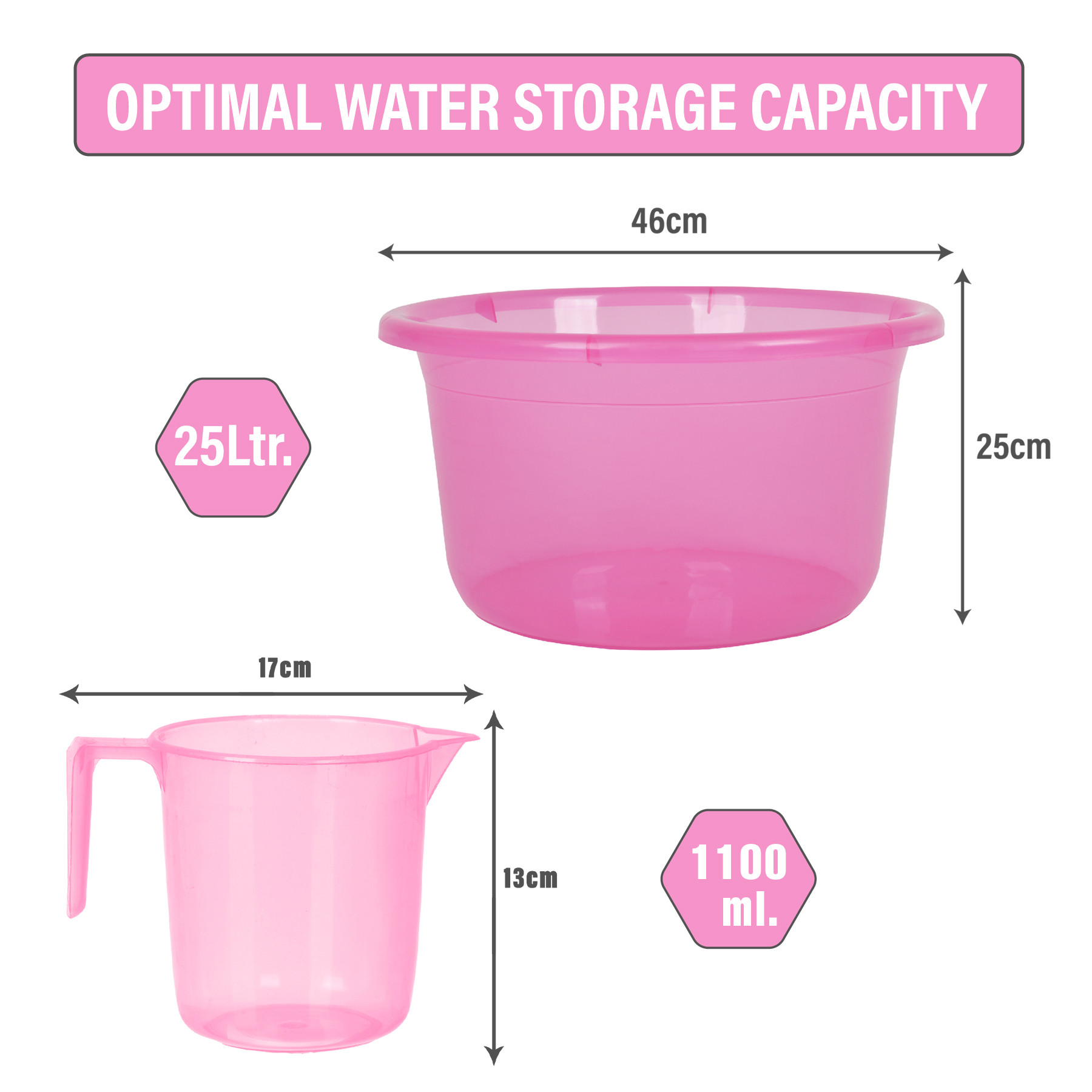Kuber Industries Bathroom Combo Set | Bathroom Set | Tub-25 L & Mug-1100 ml Bathing Set for Bathroom | Modern Bathroom Accessories Set | Transparent Pink
