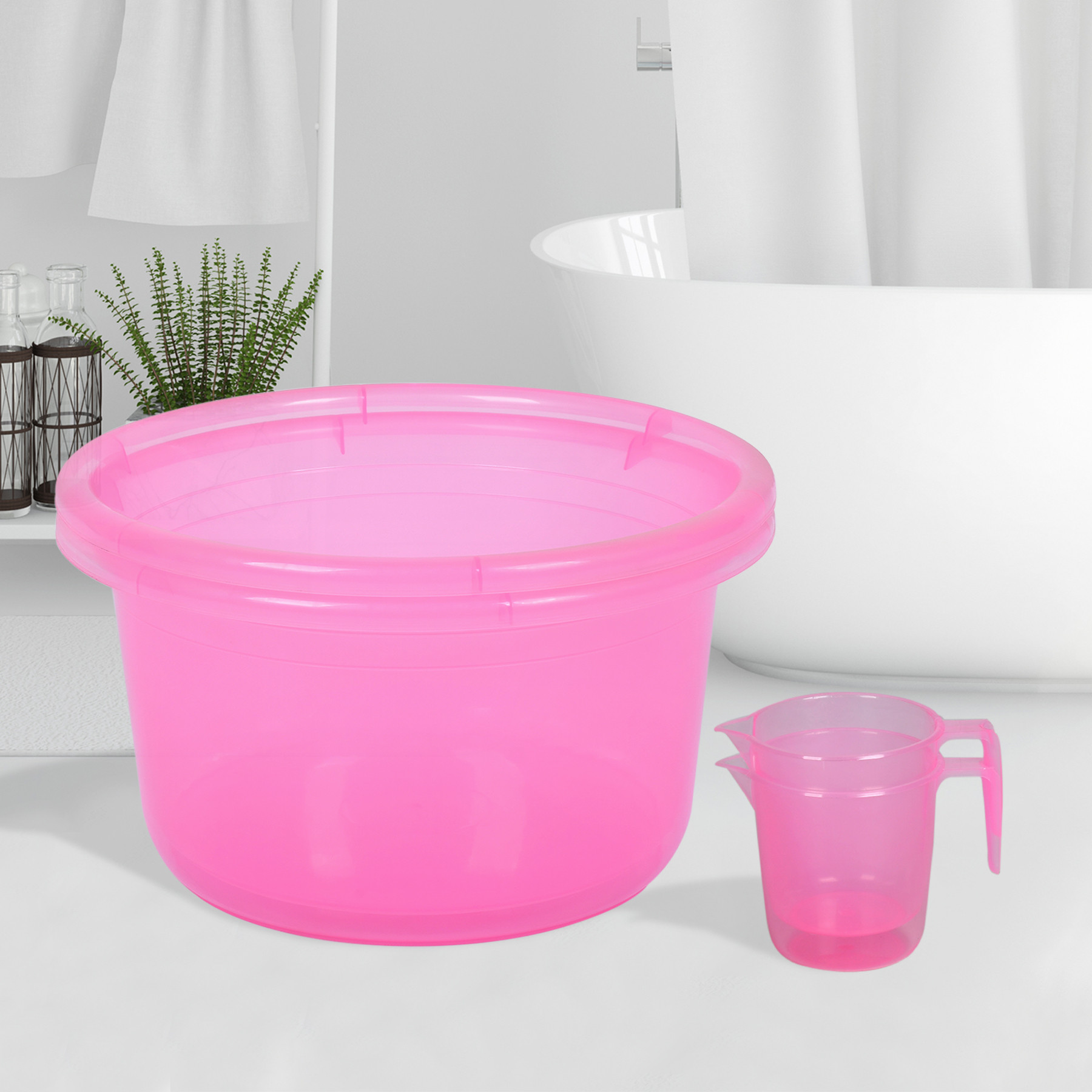 Kuber Industries Bathroom Combo Set | Bathroom Set | Tub-25 L & Mug-1100 ml Bathing Set for Bathroom | Modern Bathroom Accessories Set | Transparent Pink