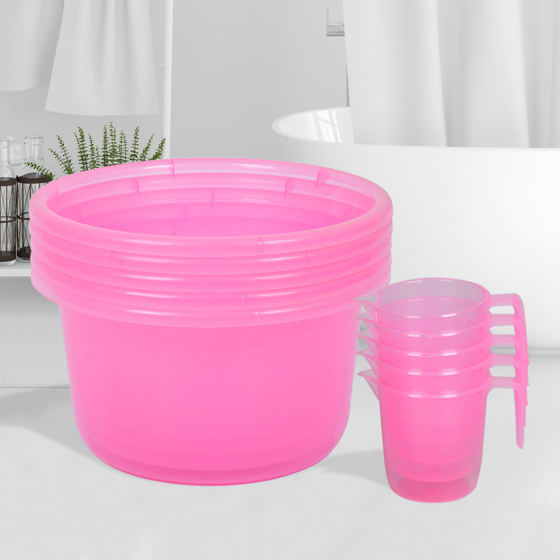 Kuber Industries Bathroom Combo Set | Bathroom Set | Tub-25 L & Mug-1100 ml Bathing Set for Bathroom | Modern Bathroom Accessories Set | Transparent Pink