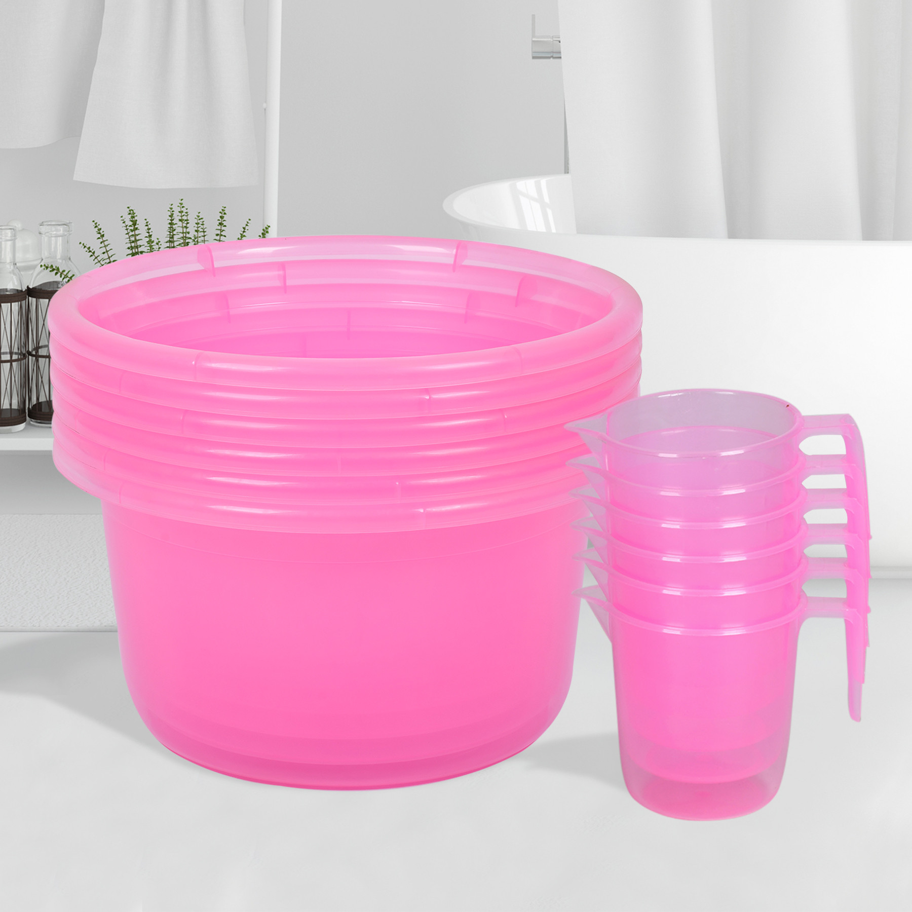 Kuber Industries Bathroom Combo Set | Bathroom Set | Tub-25 L & Mug-1100 ml Bathing Set for Bathroom | Modern Bathroom Accessories Set | Transparent Pink