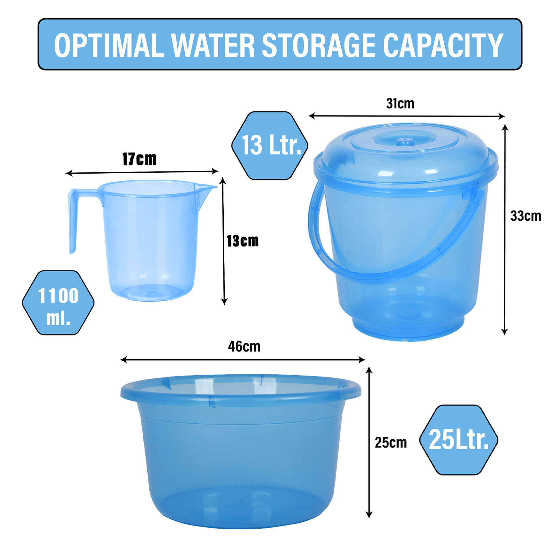 Kuber Industries Bathroom Combo Set | Bathroom Set | Tub-25 L with Bucket-13 L & Mug-1100 ml Bathing Set for Bathroom | Modern Bathroom Accessories Set | Transparent Blue