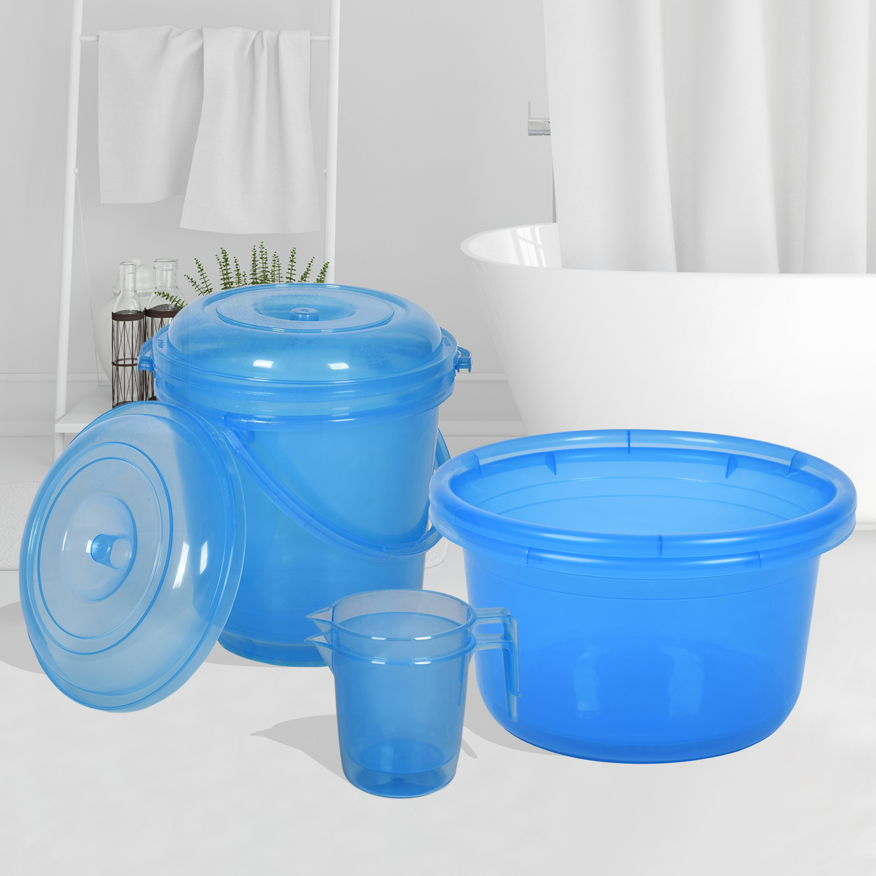 Kuber Industries Bathroom Combo Set | Bathroom Set | Tub-25 L with Bucket-13 L & Mug-1100 ml Bathing Set for Bathroom | Modern Bathroom Accessories Set | Transparent Blue