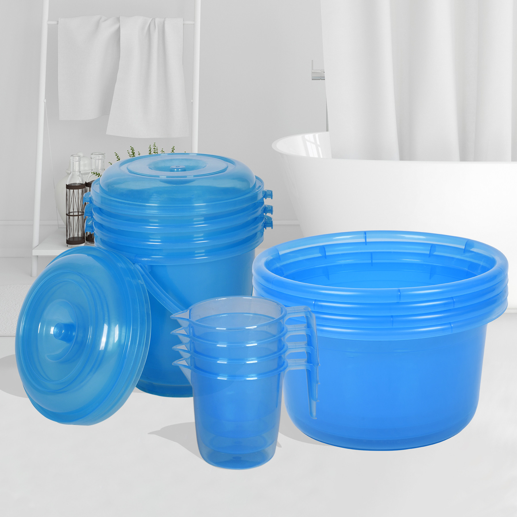 Kuber Industries Bathroom Combo Set | Bathroom Set | Tub-25 L with Bucket-13 L & Mug-1100 ml Bathing Set for Bathroom | Modern Bathroom Accessories Set | Transparent Blue