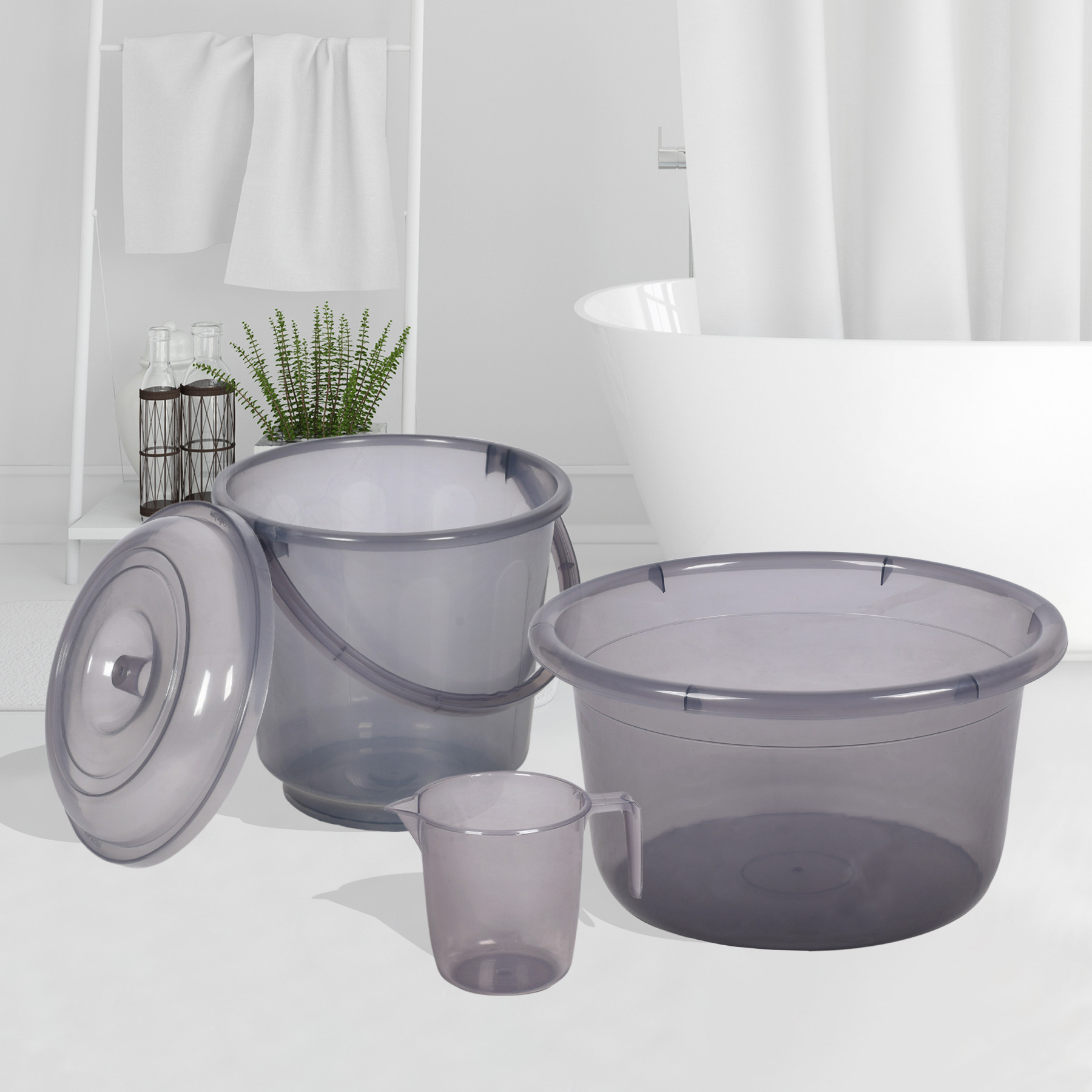 Kuber Industries Bathroom Combo Set | Bathroom Set | Tub-25 L with Bucket-13 L & Mug-1100 ml Bathing Set for Bathroom | Modern Bathroom Accessories Set | Transparent Gray