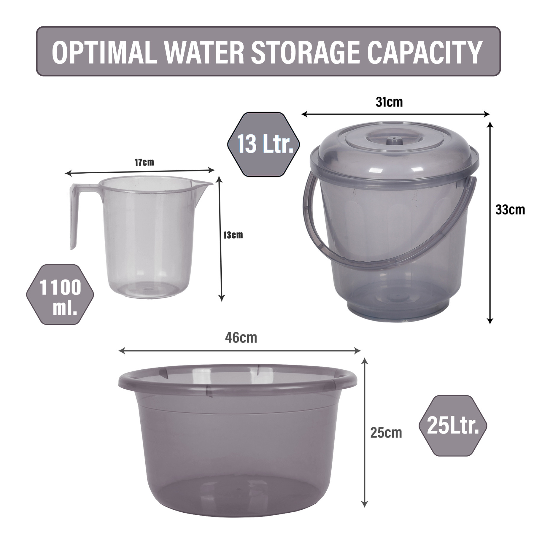 Kuber Industries Bathroom Combo Set | Bathroom Set | Tub-25 L with Bucket-13 L & Mug-1100 ml Bathing Set for Bathroom | Modern Bathroom Accessories Set | Transparent Gray