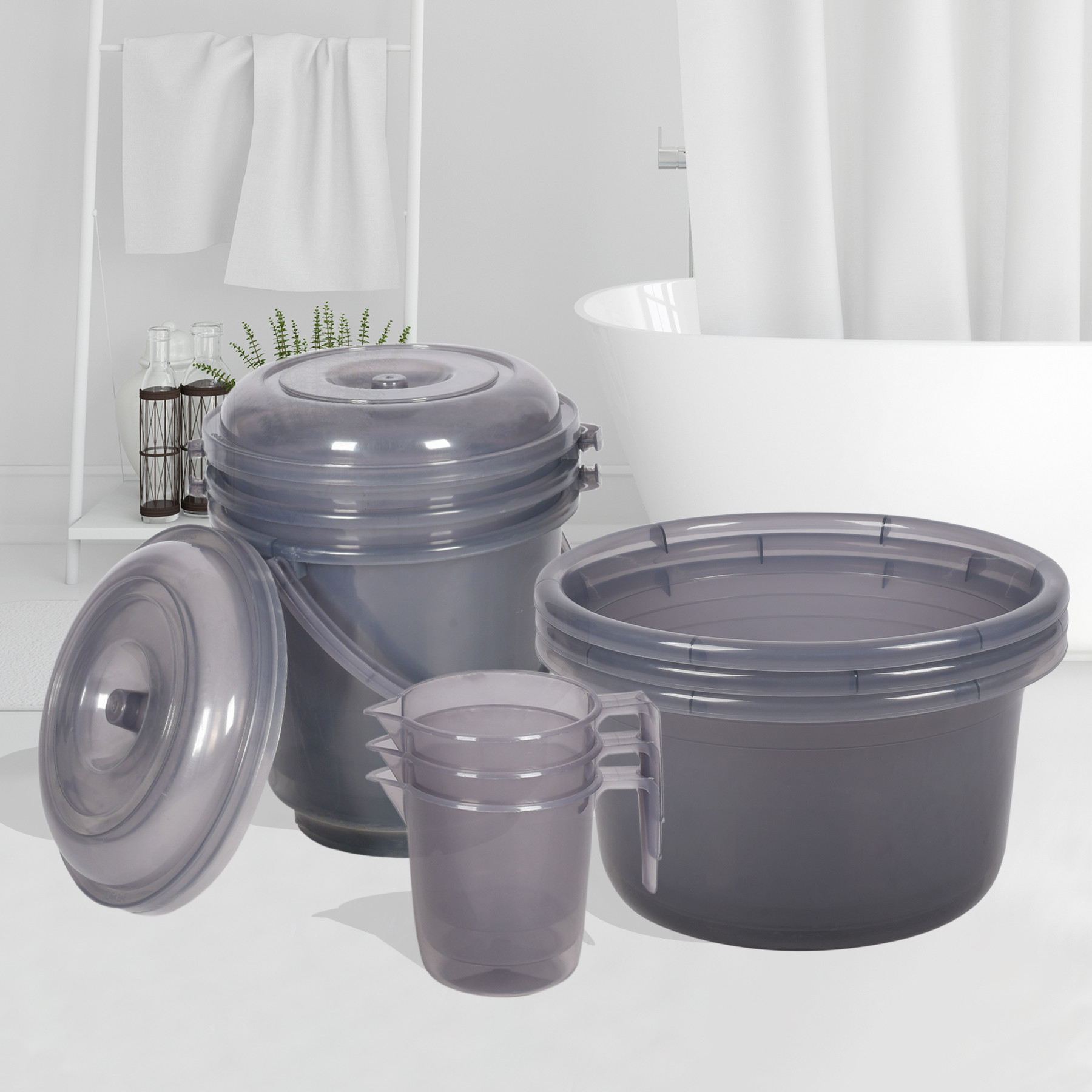 Kuber Industries Bathroom Combo Set | Bathroom Set | Tub-25 L with Bucket-13 L & Mug-1100 ml Bathing Set for Bathroom | Modern Bathroom Accessories Set | Transparent Gray