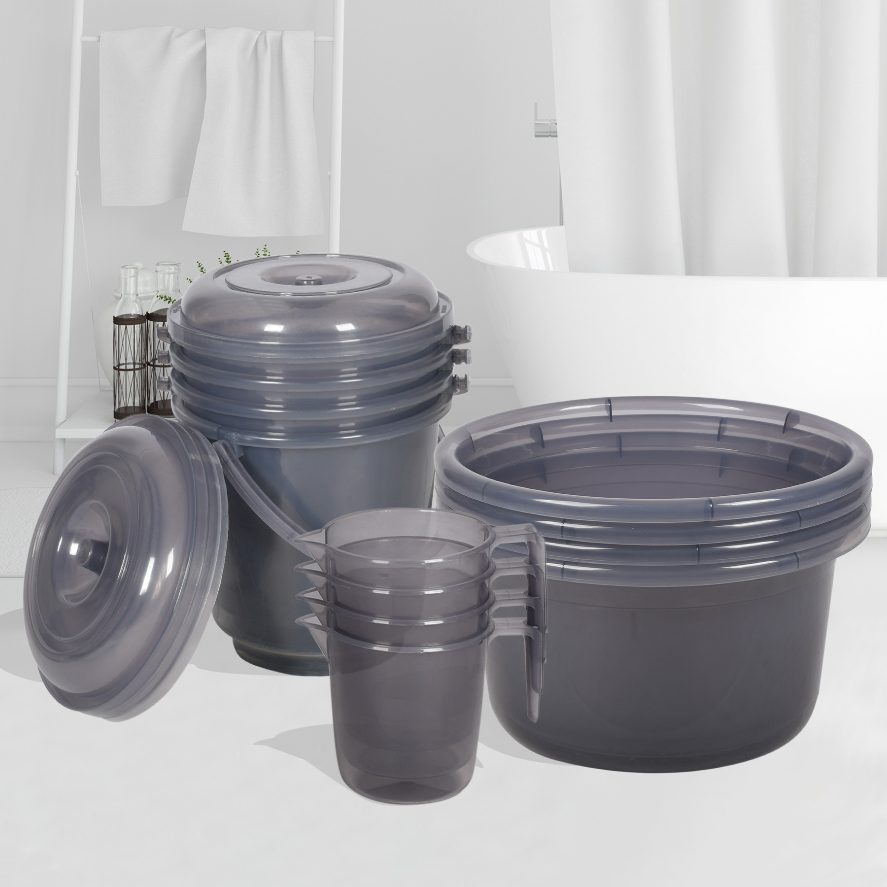 Kuber Industries Bathroom Combo Set | Bathroom Set | Tub-25 L with Bucket-13 L & Mug-1100 ml Bathing Set for Bathroom | Modern Bathroom Accessories Set | Transparent Gray
