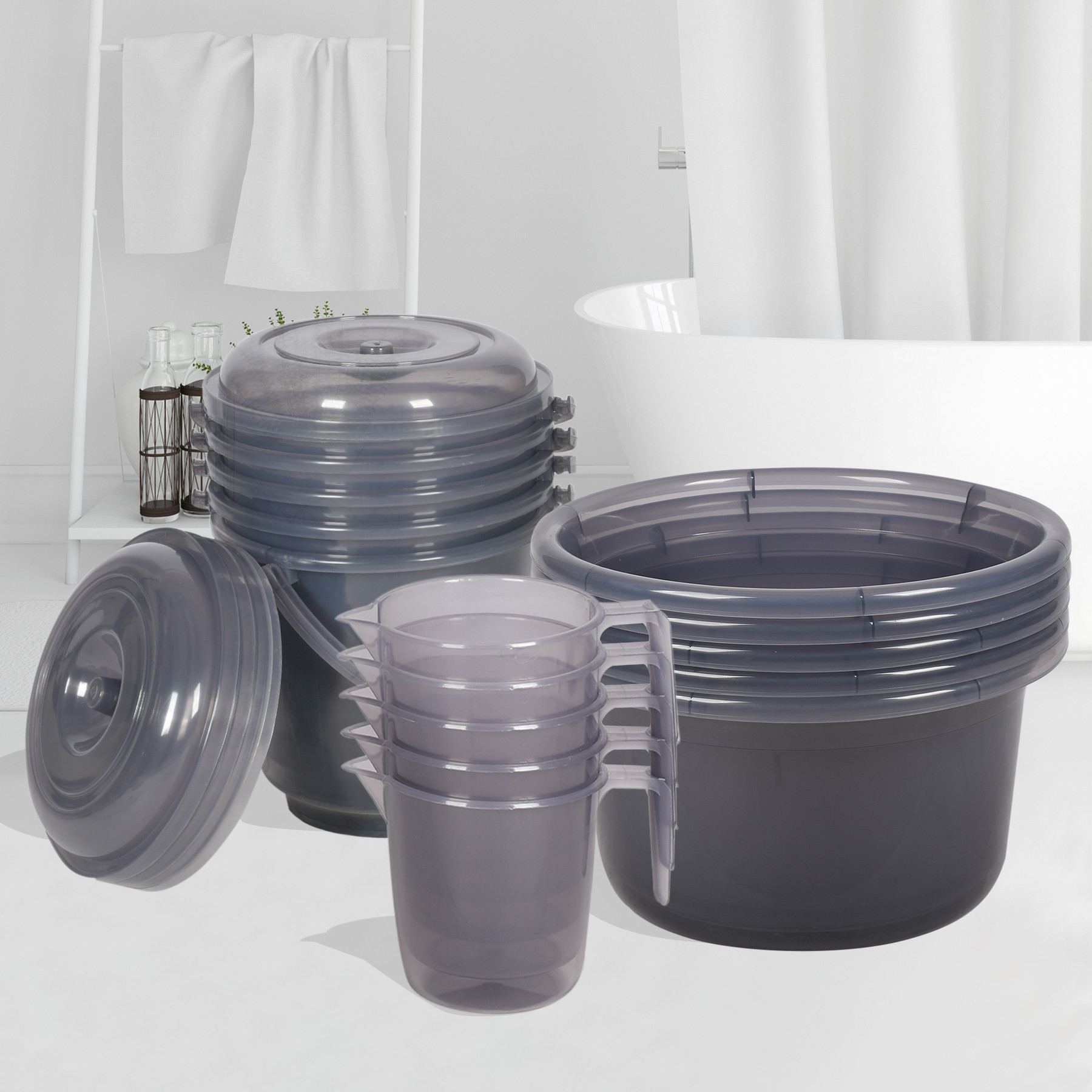 Kuber Industries Bathroom Combo Set | Bathroom Set | Tub-25 L with Bucket-13 L & Mug-1100 ml Bathing Set for Bathroom | Modern Bathroom Accessories Set | Transparent Gray