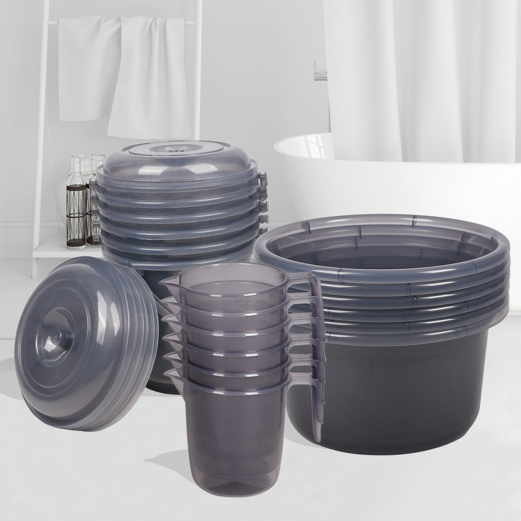 Kuber Industries Bathroom Combo Set | Bathroom Set | Tub-25 L with Bucket-13 L & Mug-1100 ml Bathing Set for Bathroom | Modern Bathroom Accessories Set | Transparent Gray
