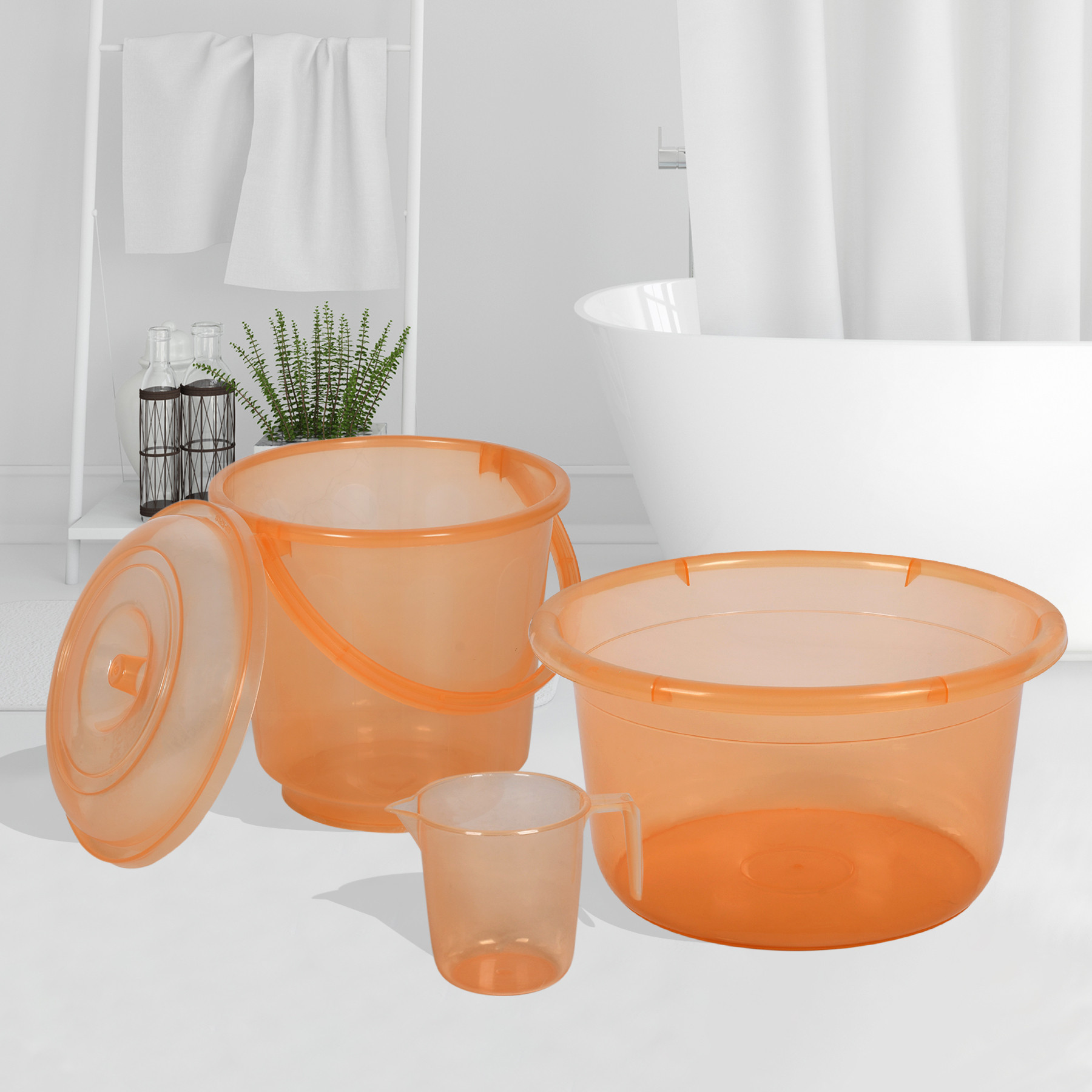 Kuber Industries Bathroom Combo Set | Bathroom Set | Tub-25 L with Bucket-13 L & Mug-1100 ml Bathing Set for Bathroom | Modern Bathroom Accessories Set | Transparent Orange