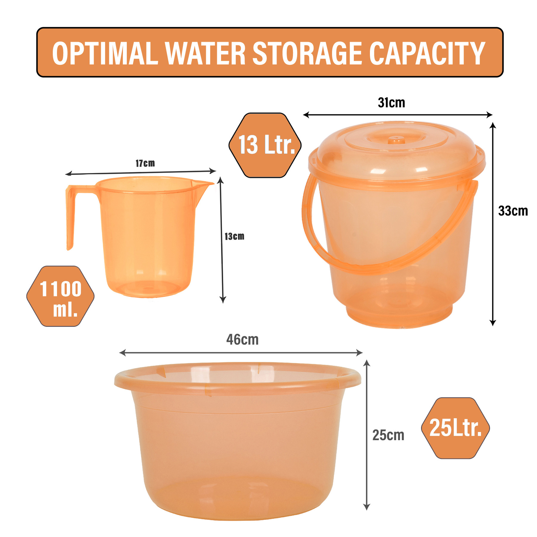 Kuber Industries Bathroom Combo Set | Bathroom Set | Tub-25 L with Bucket-13 L & Mug-1100 ml Bathing Set for Bathroom | Modern Bathroom Accessories Set | Transparent Orange