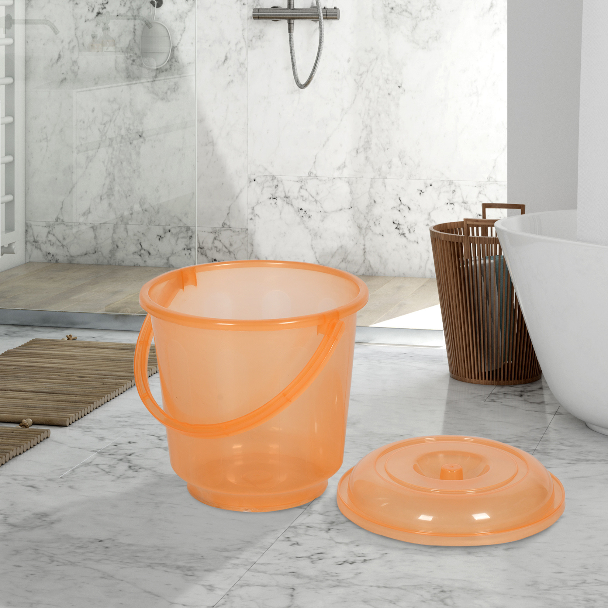 Kuber Industries Bathroom Combo Set | Bathroom Set | Tub-25 L with Bucket-13 L & Mug-1100 ml Bathing Set for Bathroom | Modern Bathroom Accessories Set | Transparent Orange