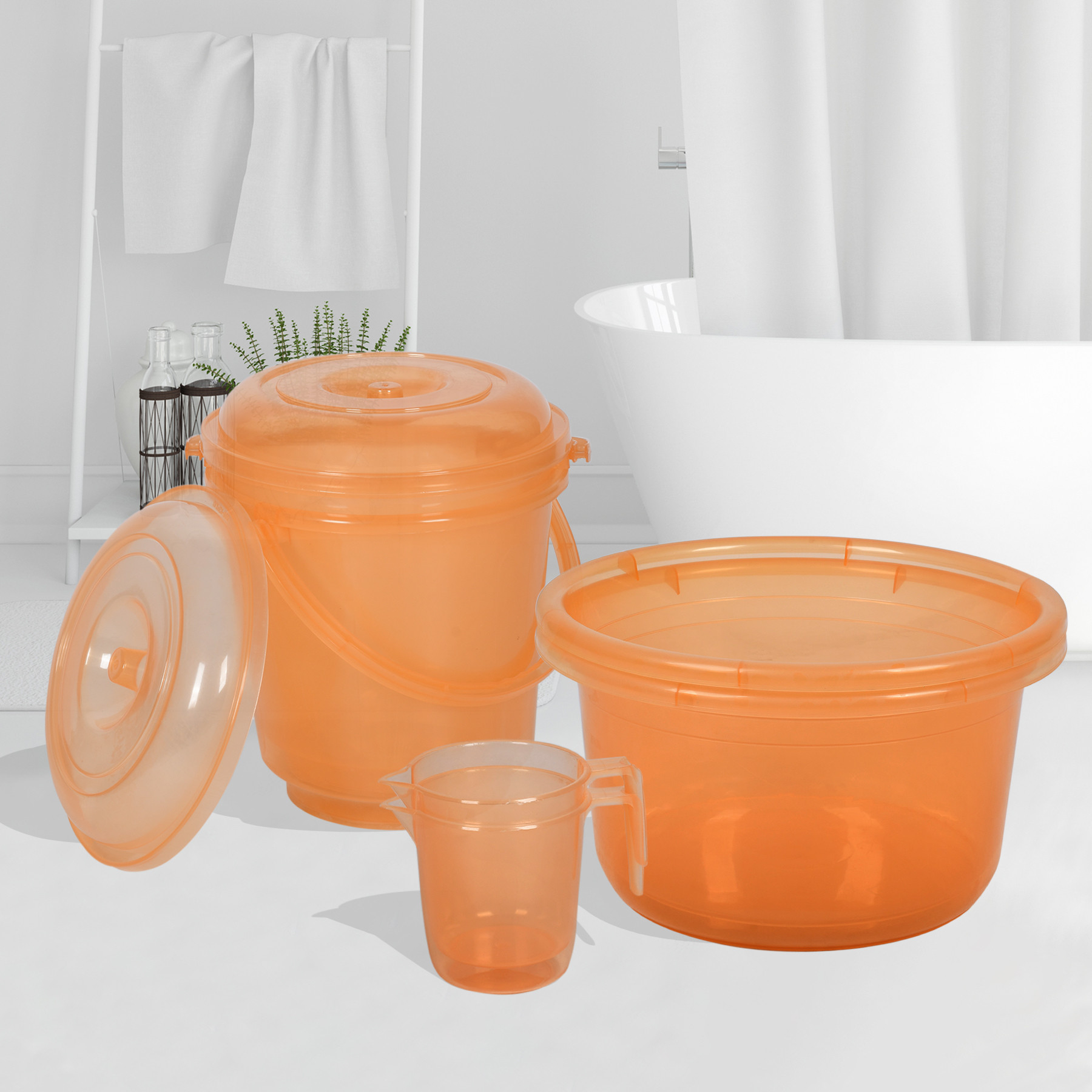 Kuber Industries Bathroom Combo Set | Bathroom Set | Tub-25 L with Bucket-13 L & Mug-1100 ml Bathing Set for Bathroom | Modern Bathroom Accessories Set | Transparent Orange