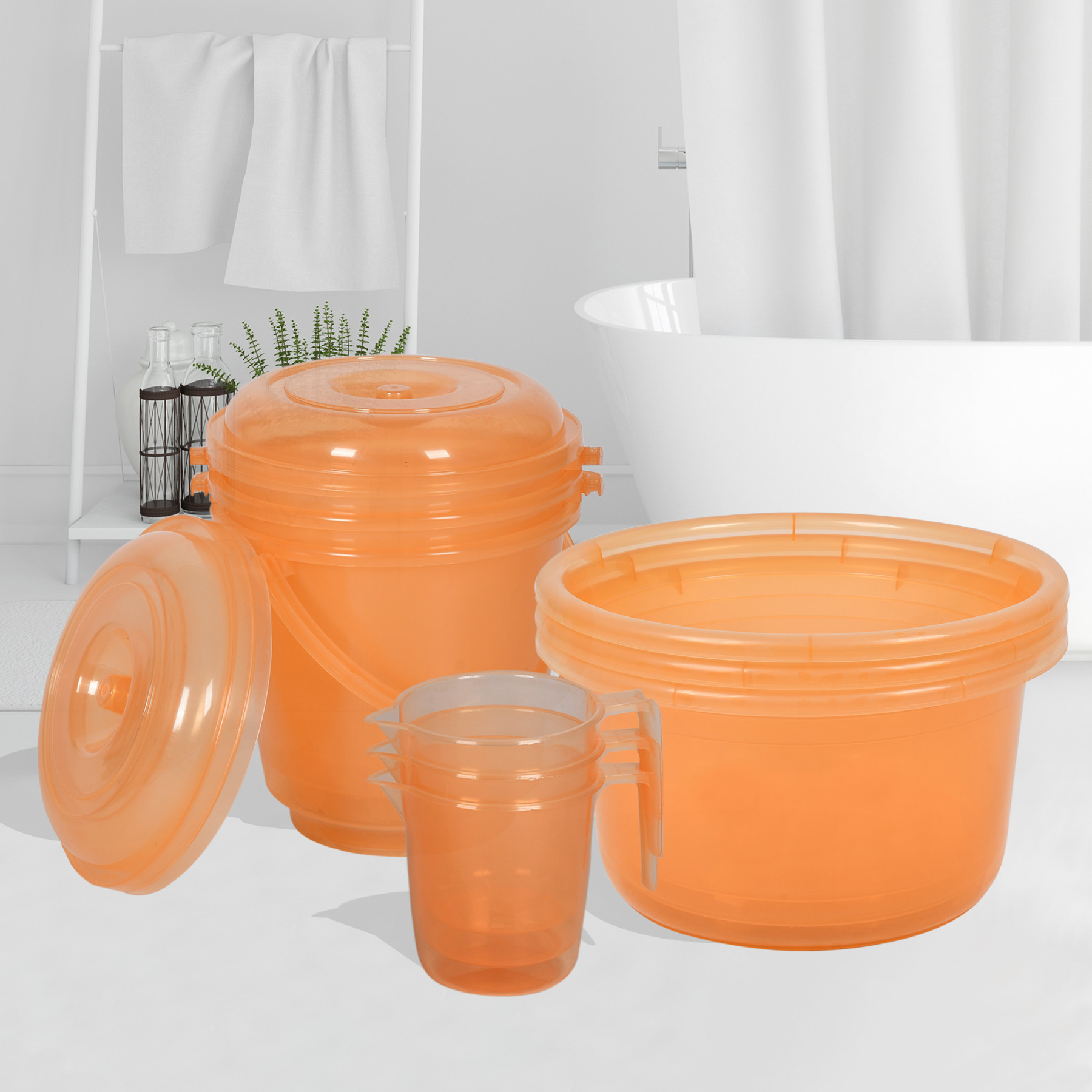 Kuber Industries Bathroom Combo Set | Bathroom Set | Tub-25 L with Bucket-13 L & Mug-1100 ml Bathing Set for Bathroom | Modern Bathroom Accessories Set | Transparent Orange