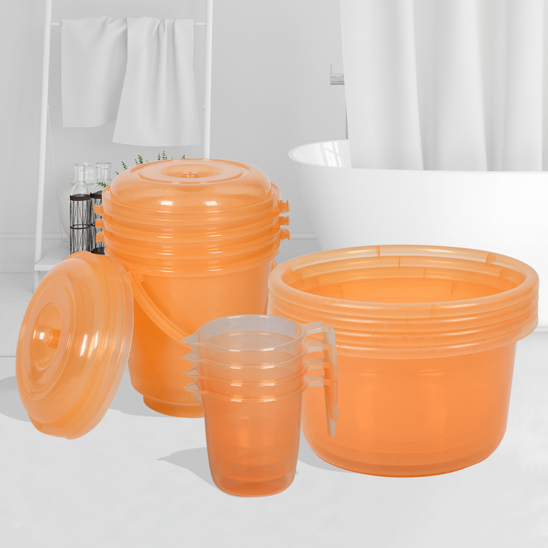 Kuber Industries Bathroom Combo Set | Bathroom Set | Tub-25 L with Bucket-13 L & Mug-1100 ml Bathing Set for Bathroom | Modern Bathroom Accessories Set | Transparent Orange