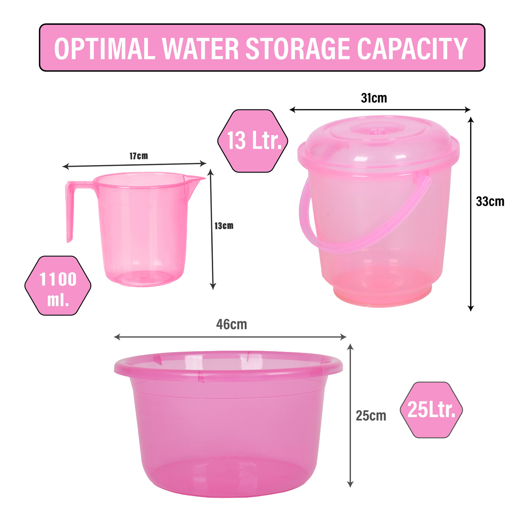 Kuber Industries Bathroom Combo Set | Bathroom Set | Tub-25 L with Bucket-13 L & Mug-1100 ml Bathing Set for Bathroom | Modern Bathroom Accessories Set | Transparent Pink