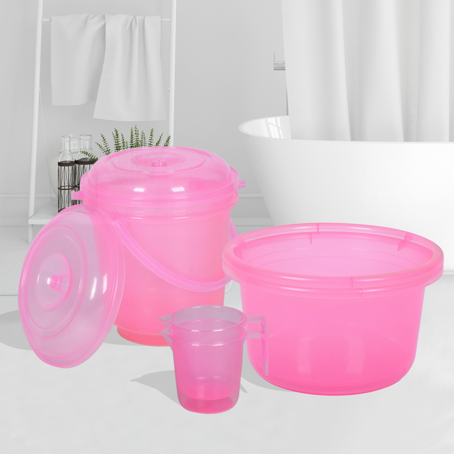 Kuber Industries Bathroom Combo Set | Bathroom Set | Tub-25 L with Bucket-13 L & Mug-1100 ml Bathing Set for Bathroom | Modern Bathroom Accessories Set | Transparent Pink