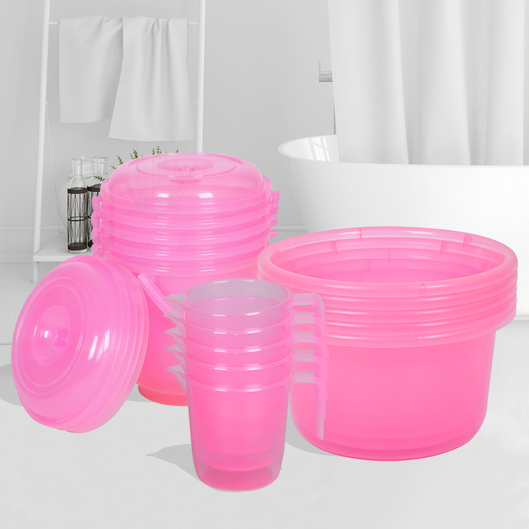 Kuber Industries Bathroom Combo Set | Bathroom Set | Tub-25 L with Bucket-13 L & Mug-1100 ml Bathing Set for Bathroom | Modern Bathroom Accessories Set | Transparent Pink