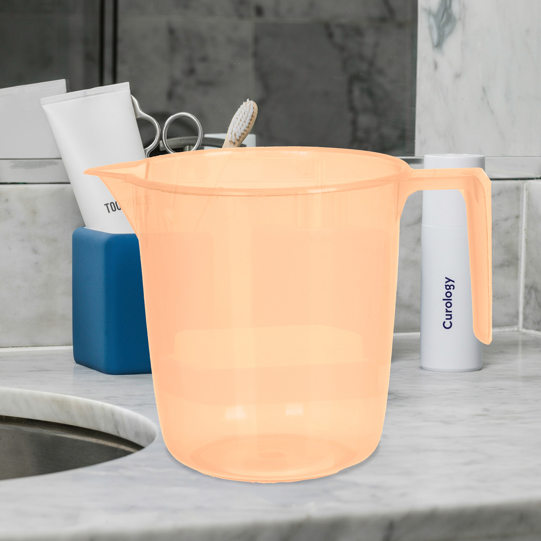 Kuber Industries Bathroom Mug | Multipurpose Bath Rinse Mug for Bathroom | Reusable Bath Mug | Wash Mug for Toilet | Mug for Washroom | 1100 ML | Transparent Orange