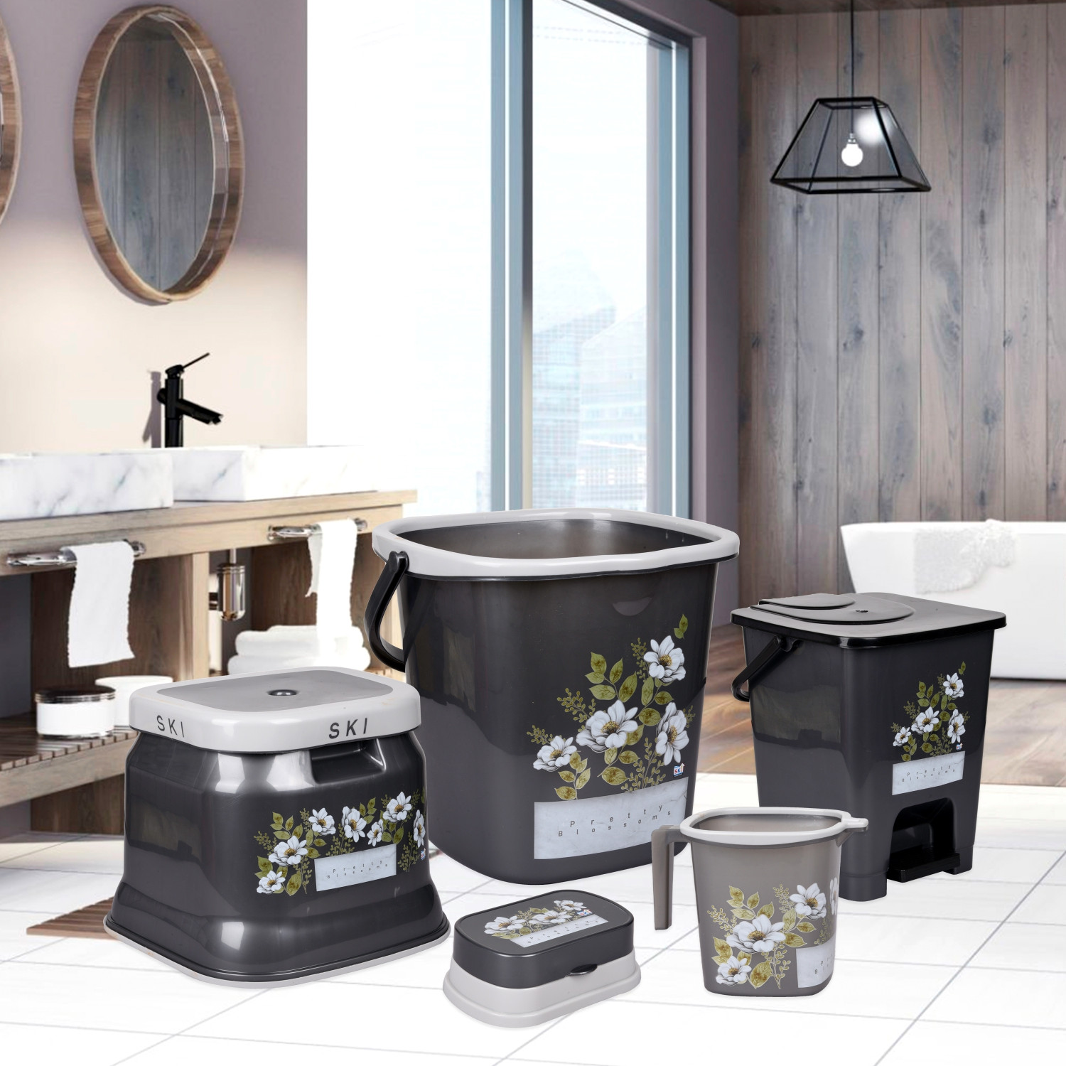 Kuber Industries Bathroom Set  Plastic Bathroom Combo Set  Bucket-Stool-Mug-Dustbin-Soap Holder Set for Bathroom  Modern Bath Set  Printed Bathroom Set  Set of 5  Gray