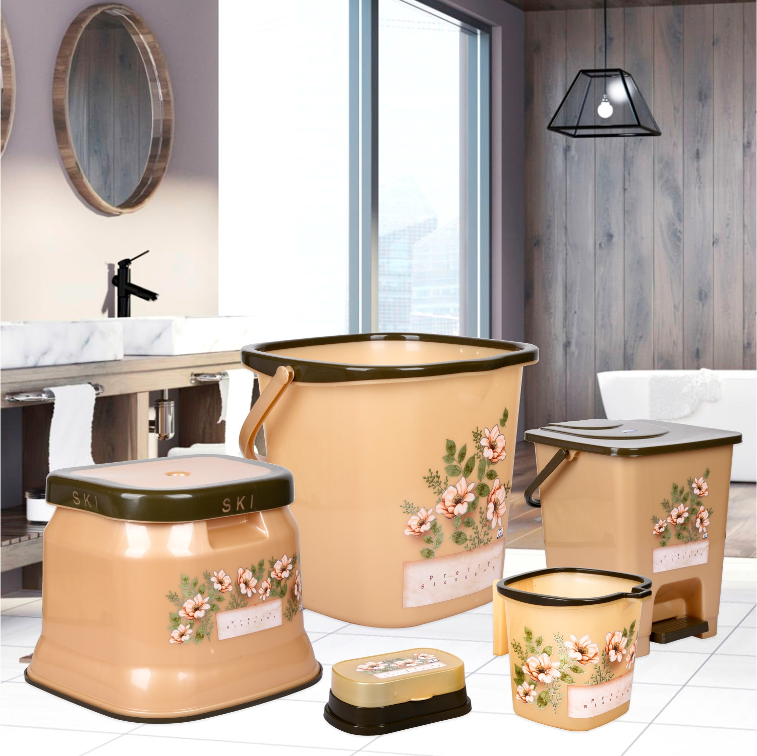 Kuber Industries Bathroom Set  Plastic Bathroom Combo Set  Bucket-Stool-Mug-Dustbin-Soap Holder Set for Bathroom  Modern Bath Set  Printed Bathroom Set  Set of 5  Cream